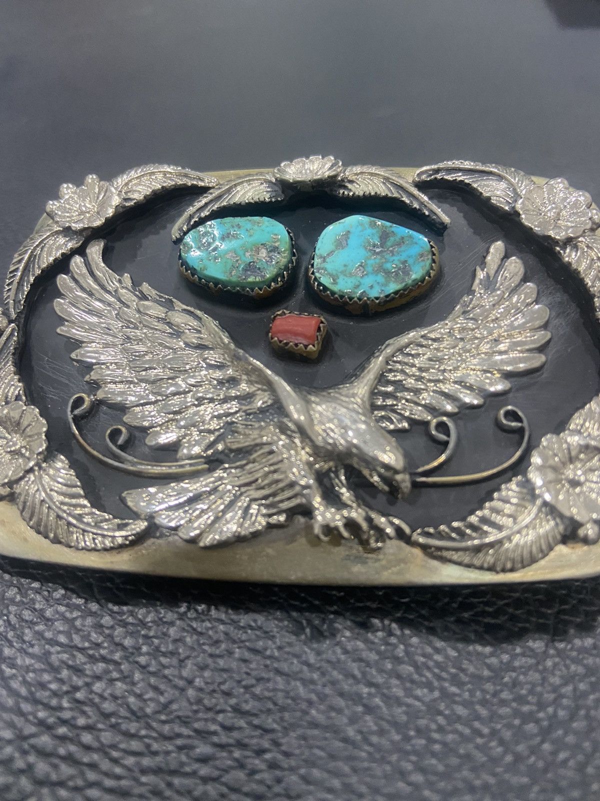 Other Sterling Silver Eagle Turquoise And Red Coral Belt Buckle Size ONE SIZE - 5 Thumbnail
