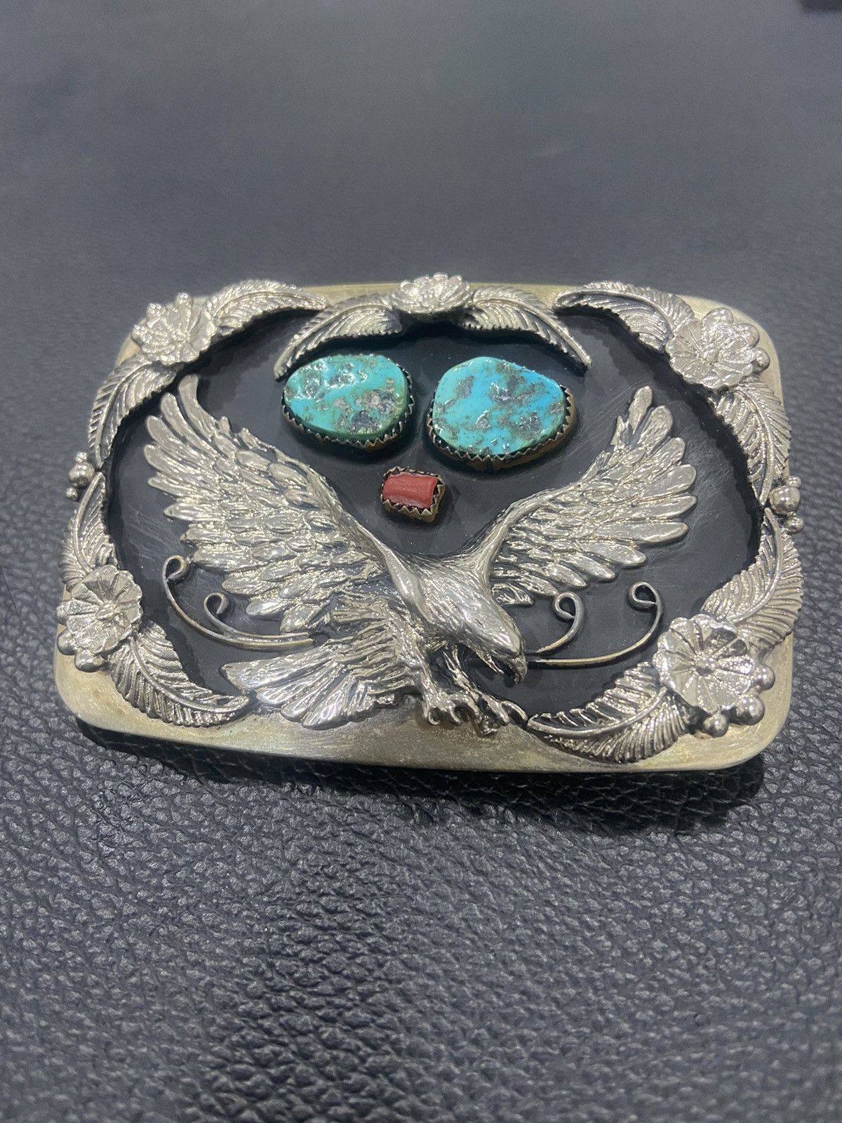 Other Sterling Silver Eagle Turquoise And Red Coral Belt Buckle Size ONE SIZE - 6 Thumbnail