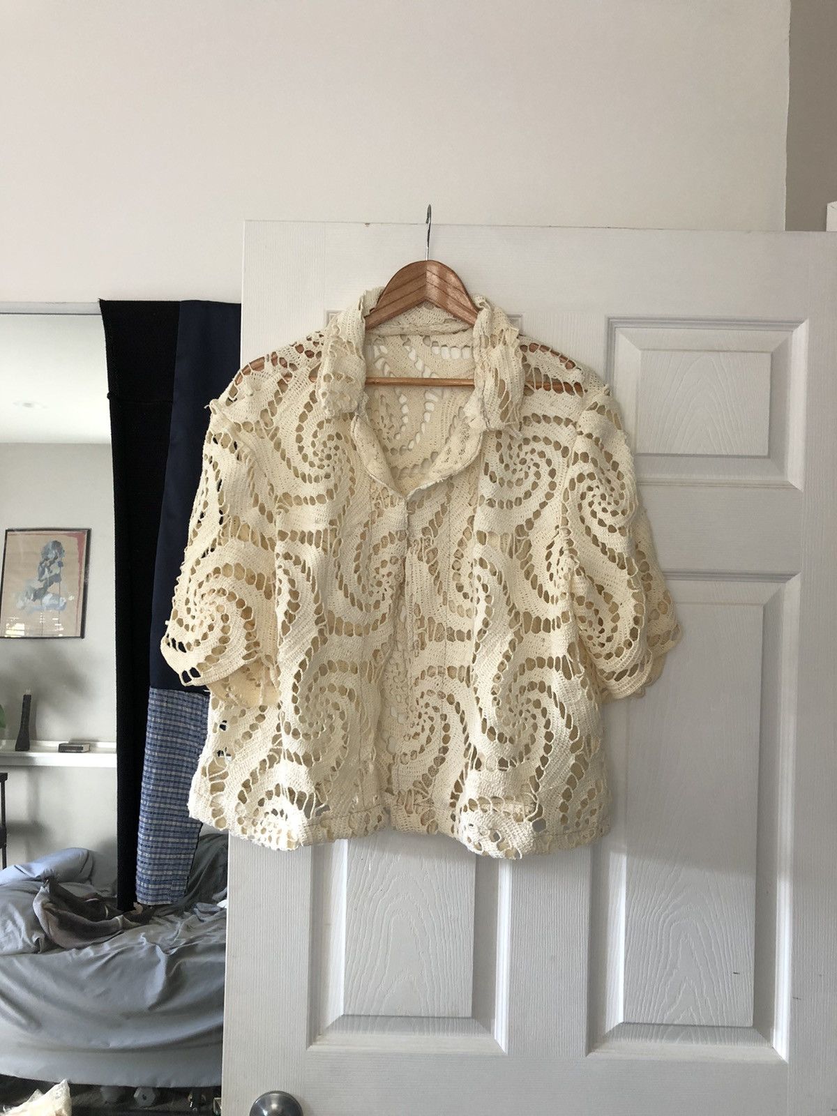 Pre-owned Handmade Custom Lace Crochet Camp Collar Shirt In White