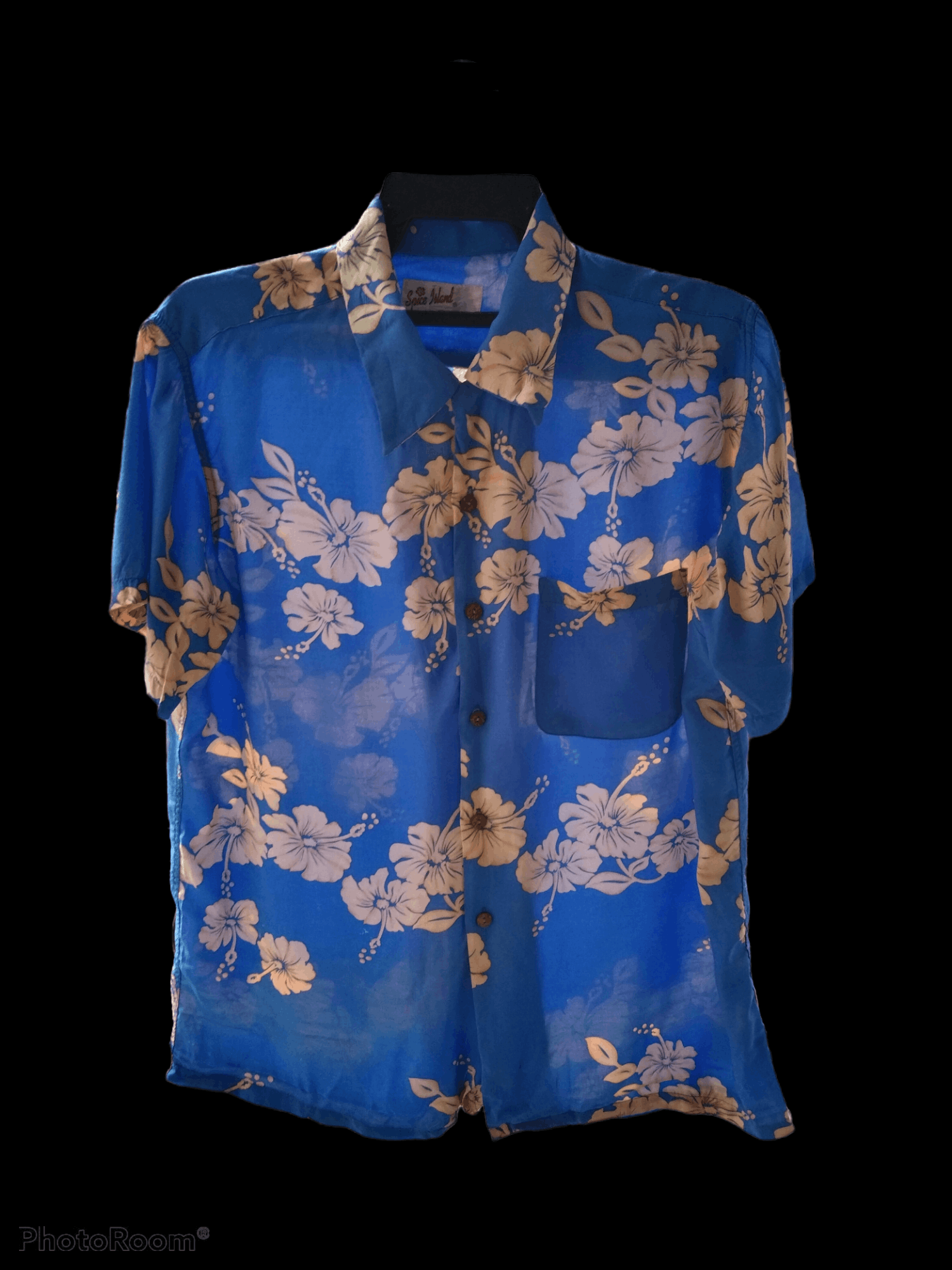 image of Hawaiian Shirt x Vintage Spice Island Hawaiian Hibiscus Rayon Shirt in Blue, Men's (Size Medium)
