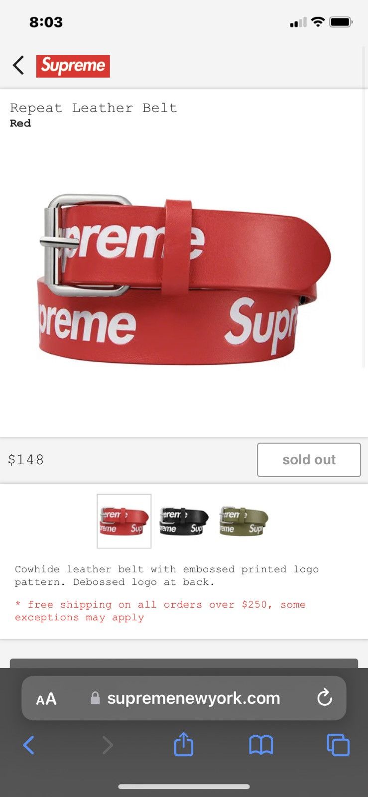 Supreme Repeat Leather Belt Red