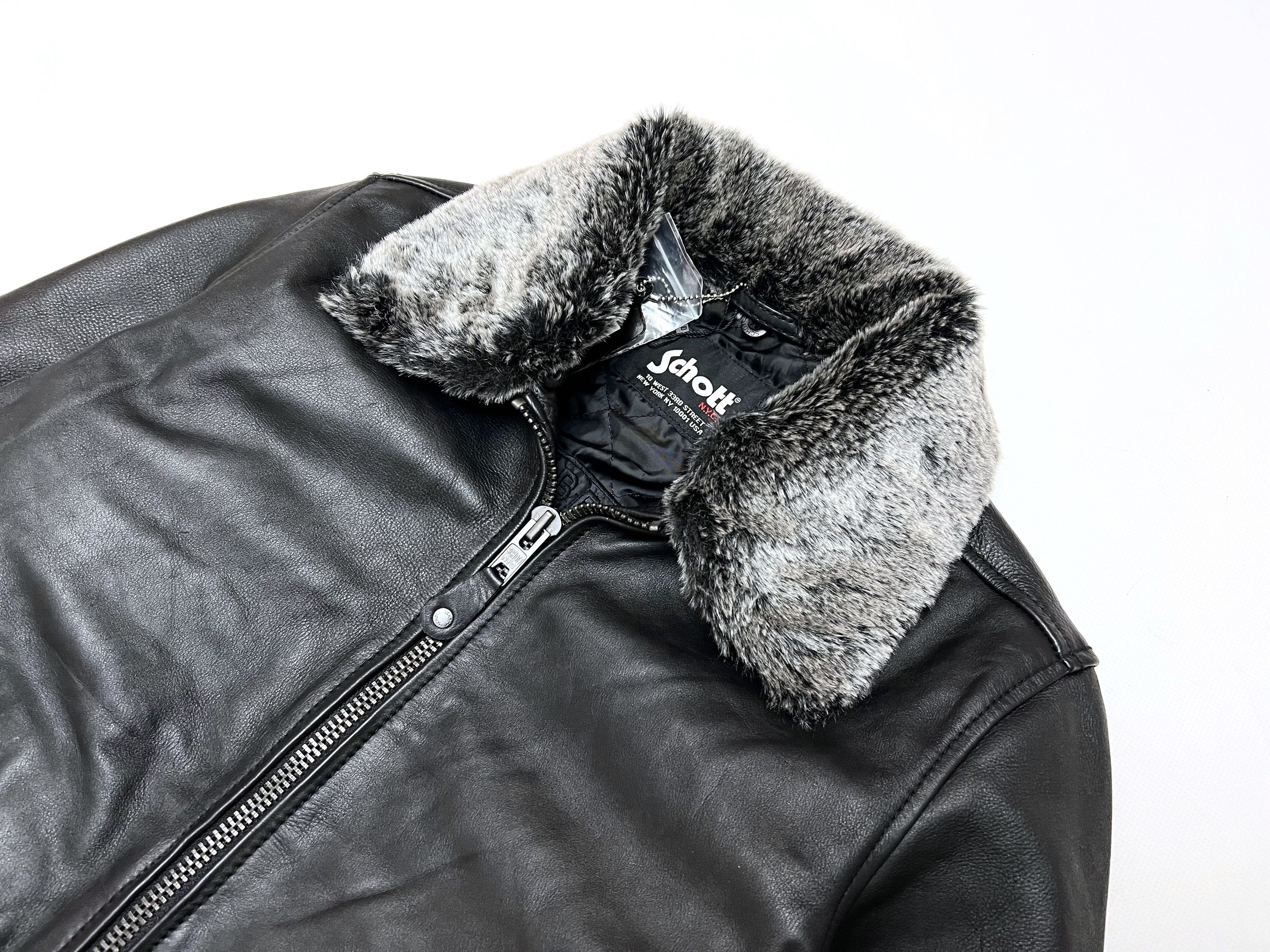 Men's SCHOTT NYC Black Leather Zip Bomber Harrington Jacket