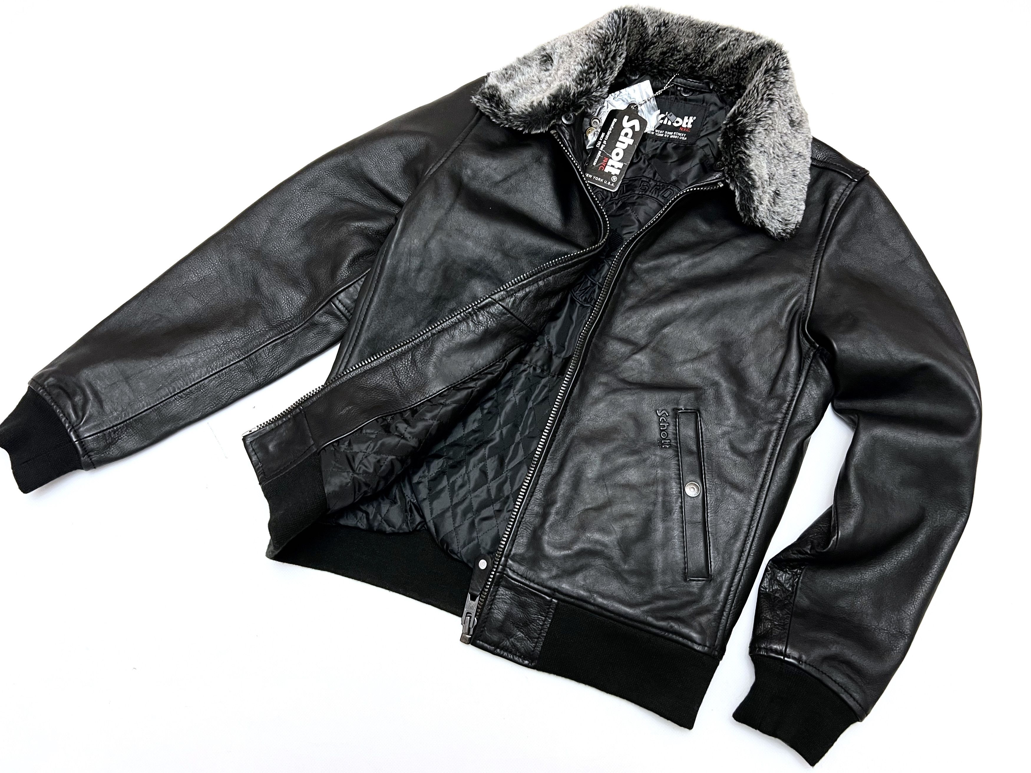 Men's SCHOTT NYC Black Leather Zip Bomber Harrington Jacket