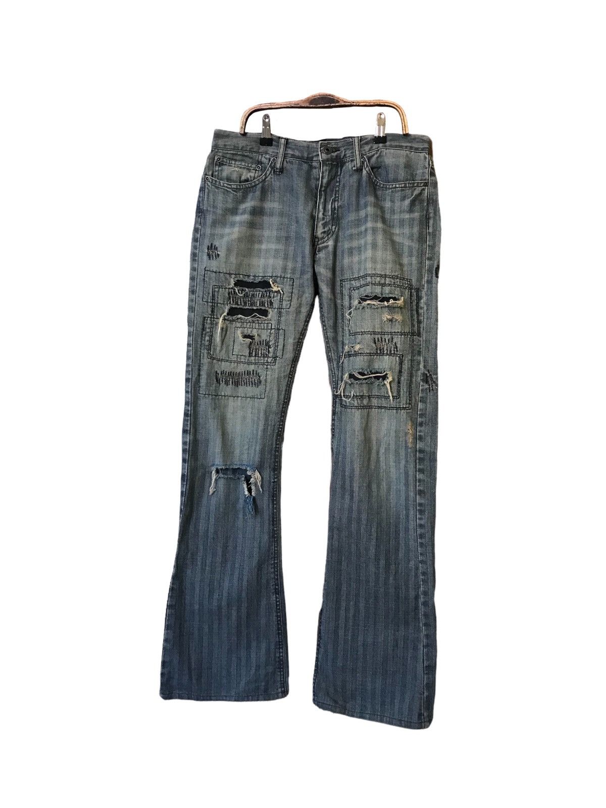 If Six Was Nine Rupert Flare Patchwork Hikory Bootcut Distressed Jeans Size US 33 - 2 Thumbnail
