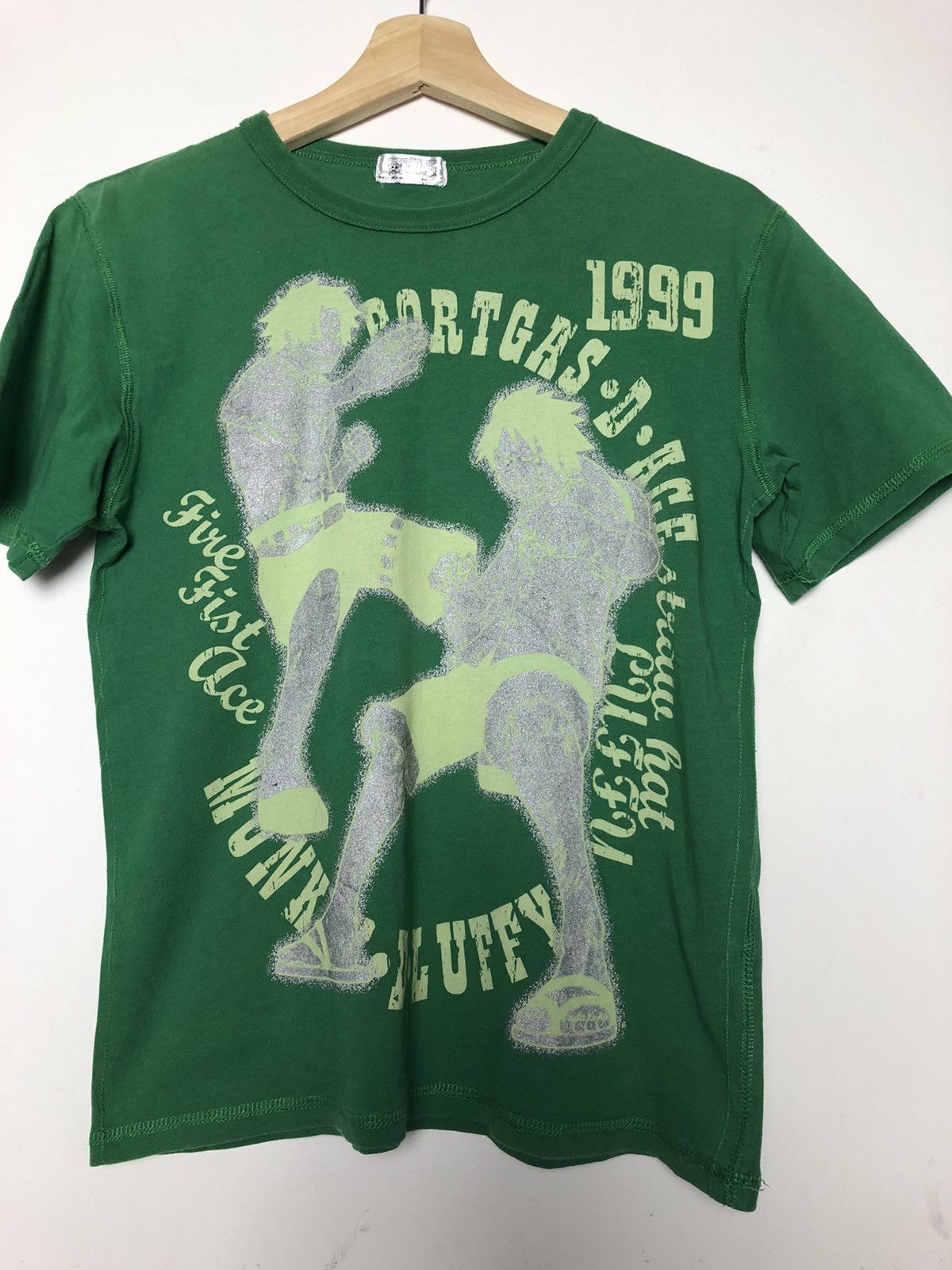 image of Vintage Anime T Shirt One Piece Portgas D Ace Monkey D Luffy in Green, Men's (Size Small)