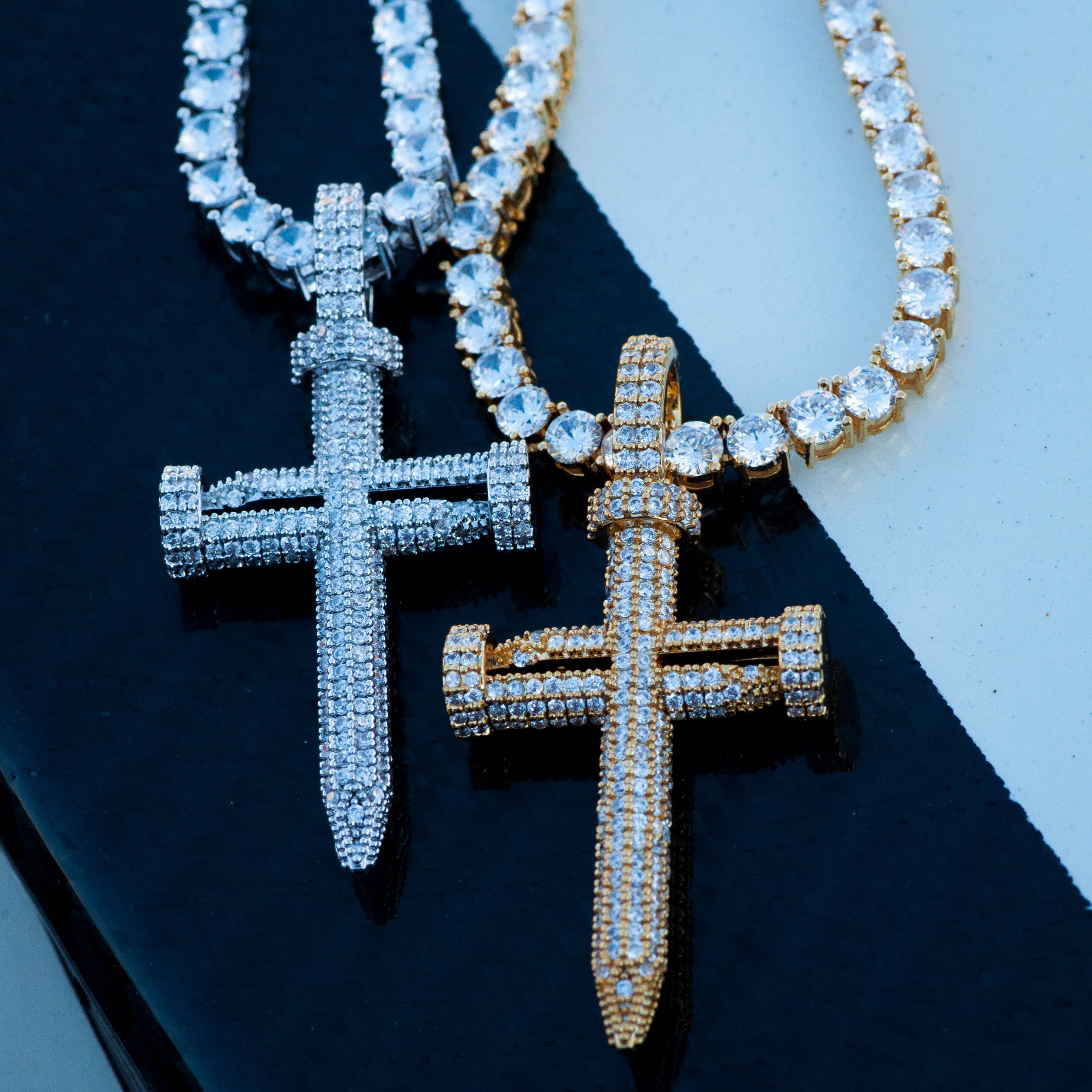 18k Yellow Gold Diamond Nail Cross Pendant w/ Tennis Chain
