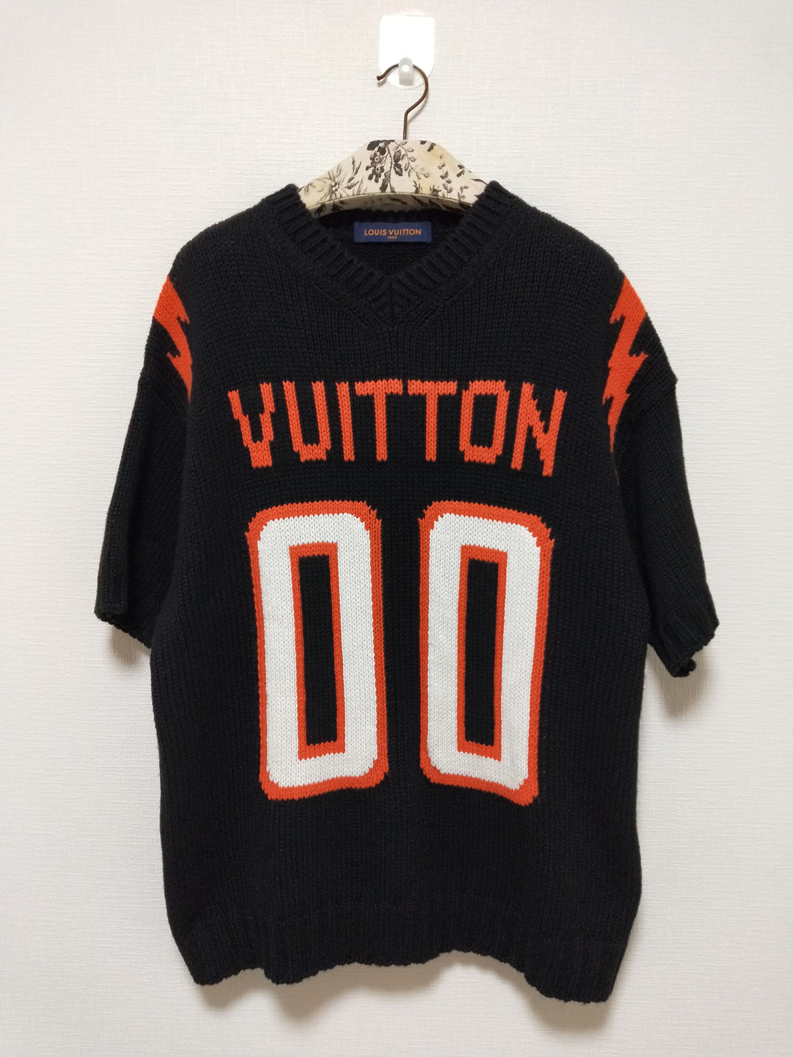 LOUIS VUITTON Chunky Intarsia Football knit T-Shirt black L Genuine /  31979A