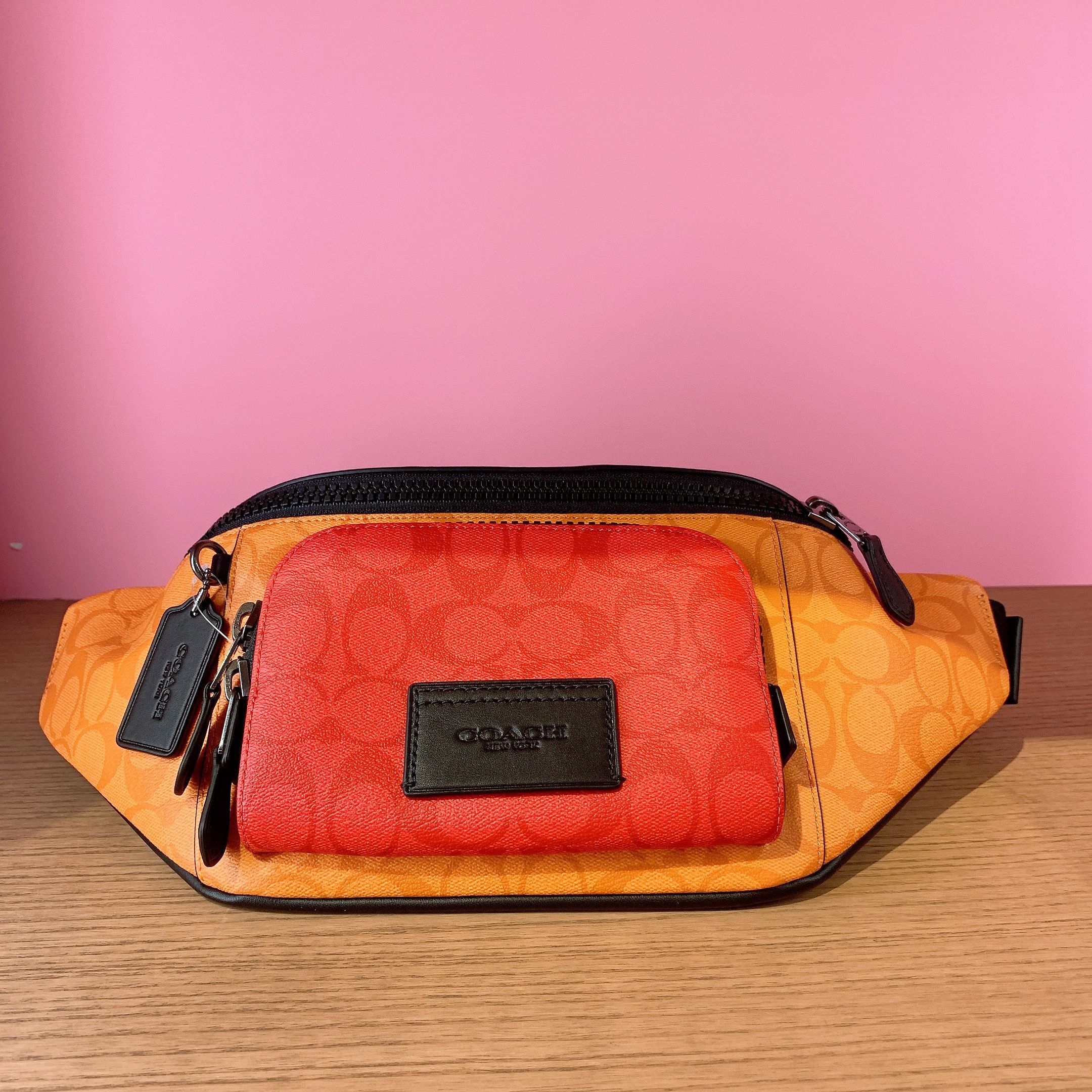 Coach (C9892) Light Orange Multi Blocked Signature Canvas Track Waist Belt Bag