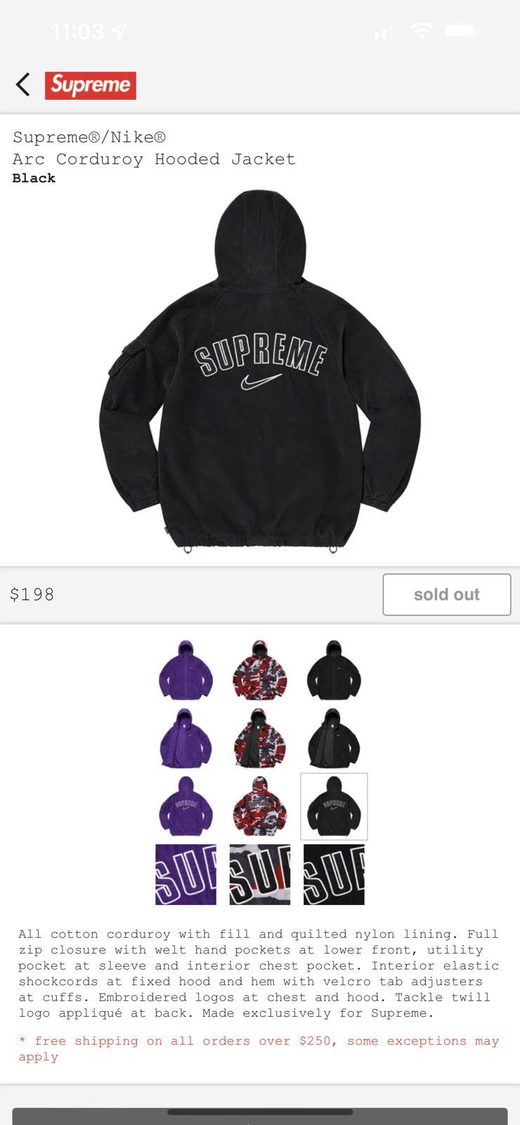 Supreme Nike Arc Corduroy Hooded Jacket Black