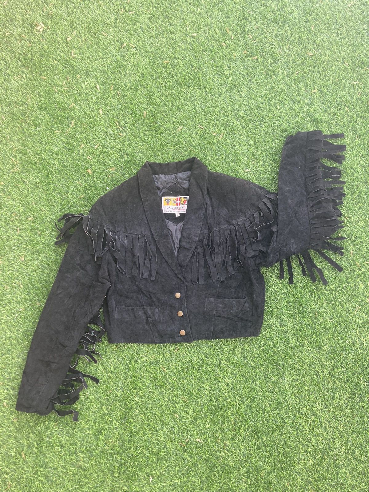 image of Leather Jacket x Vintage Alpenrose Switzerland Suede Leather Fringe Jacket in Black (Size Small)