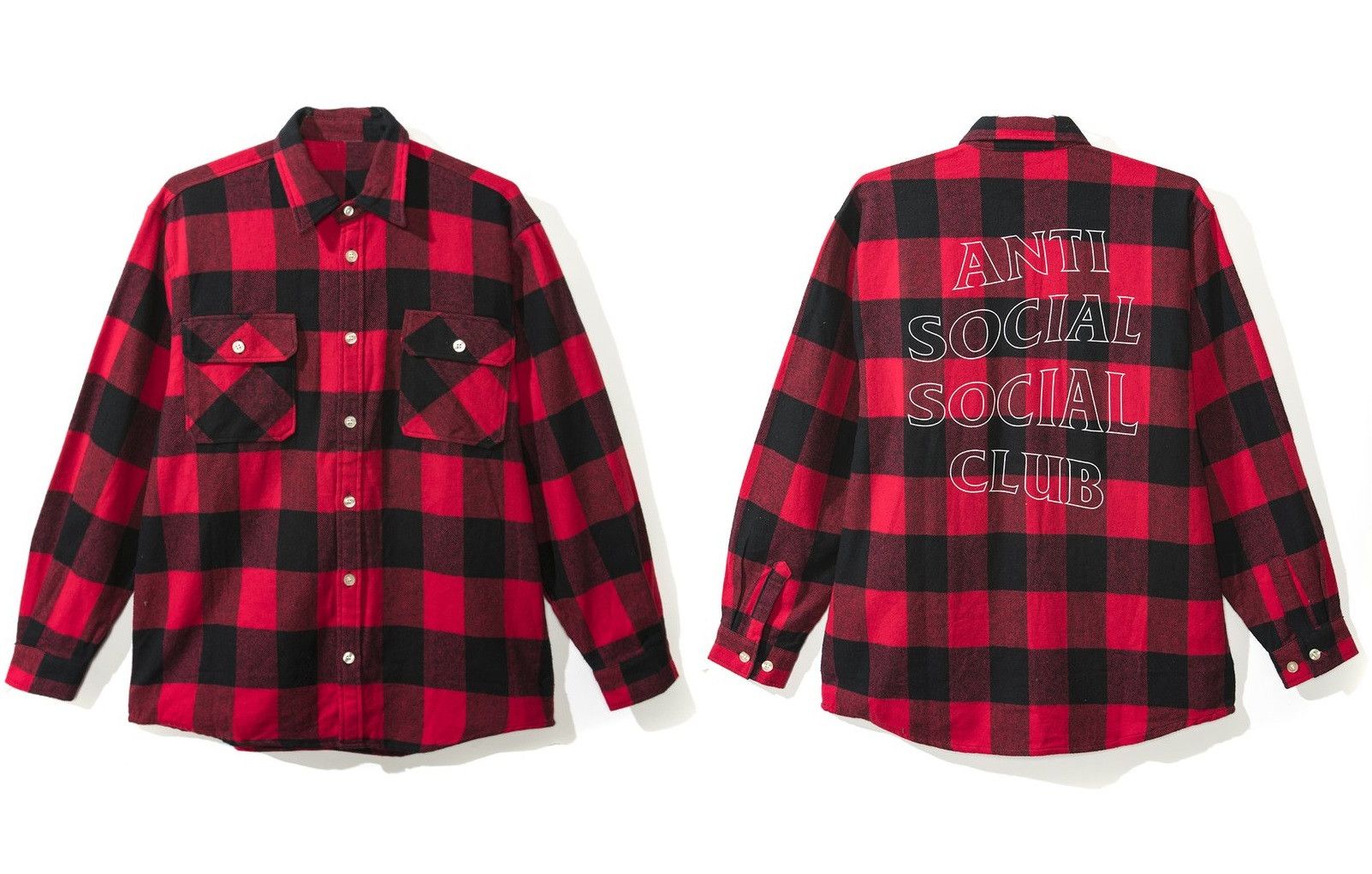 DS ASSC White Outlined Logo Trip Red Flannel in hand BAPE