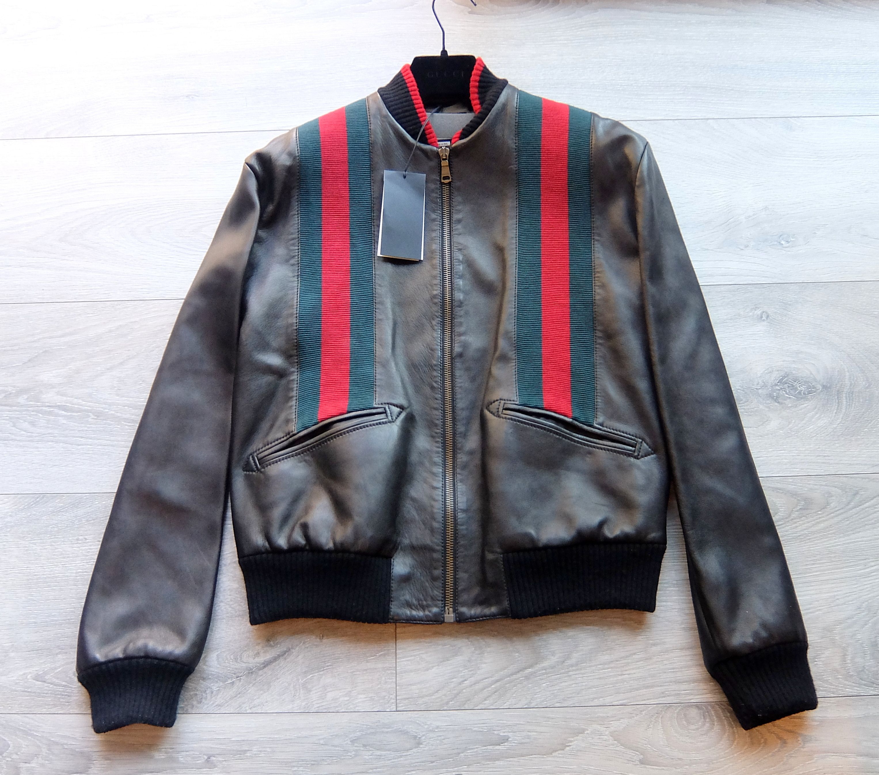 Gucci Leather Jacket 54 black bomber green red iconic