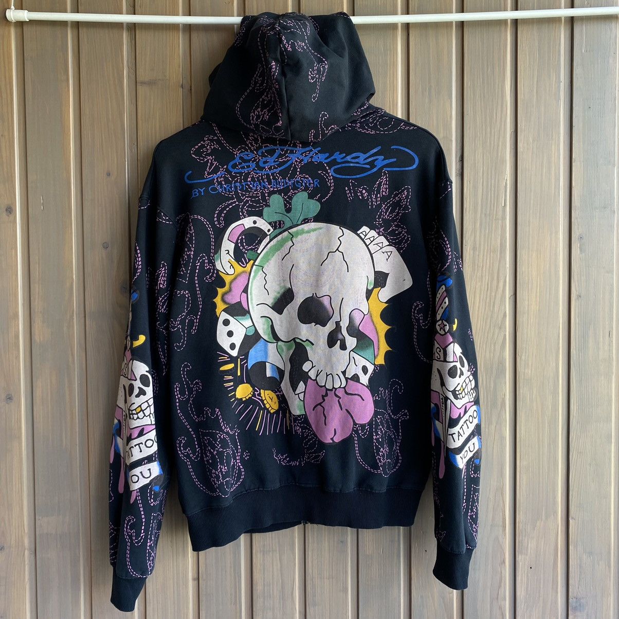 image of Christian Audigier Big Logo Zip Up Hoodie in Black, Men's (Size Medium)