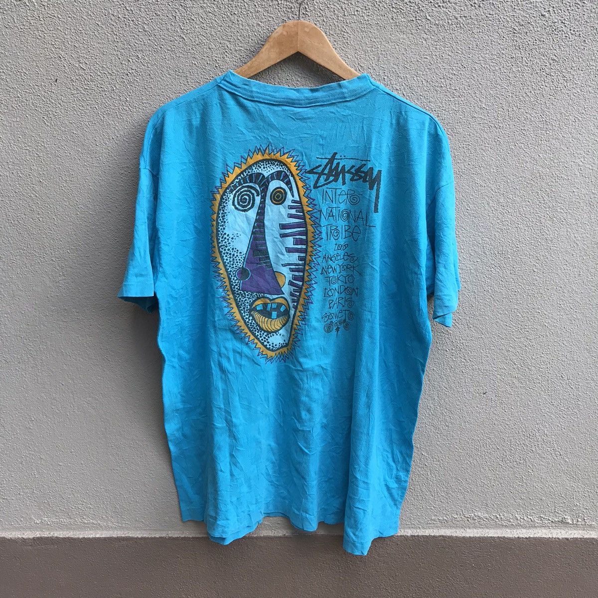 image of 90's Stussy Zulu International Tribe Tee Usa in Blue, Men's (Size XL)