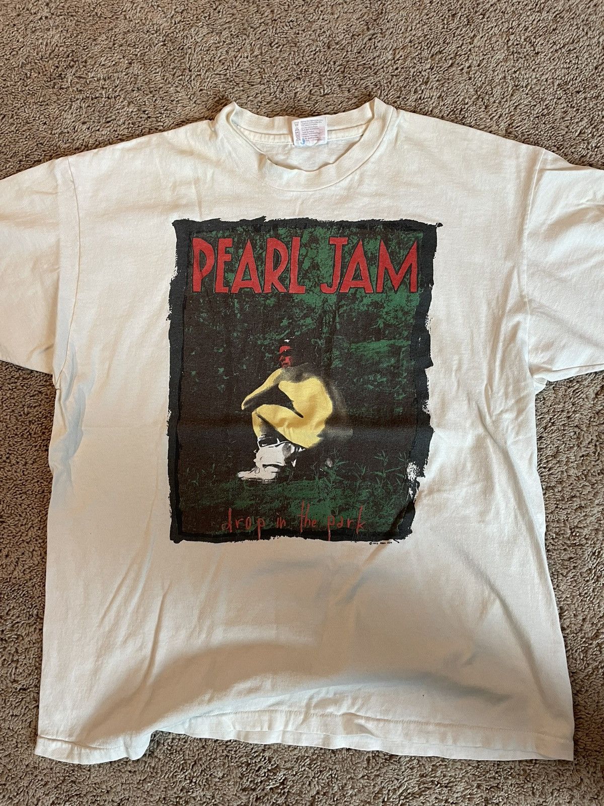 T-shirt Vintage Pearl Jam Drop In The Park 1992 - Taille XL - Coton Blanc - Très Bon état