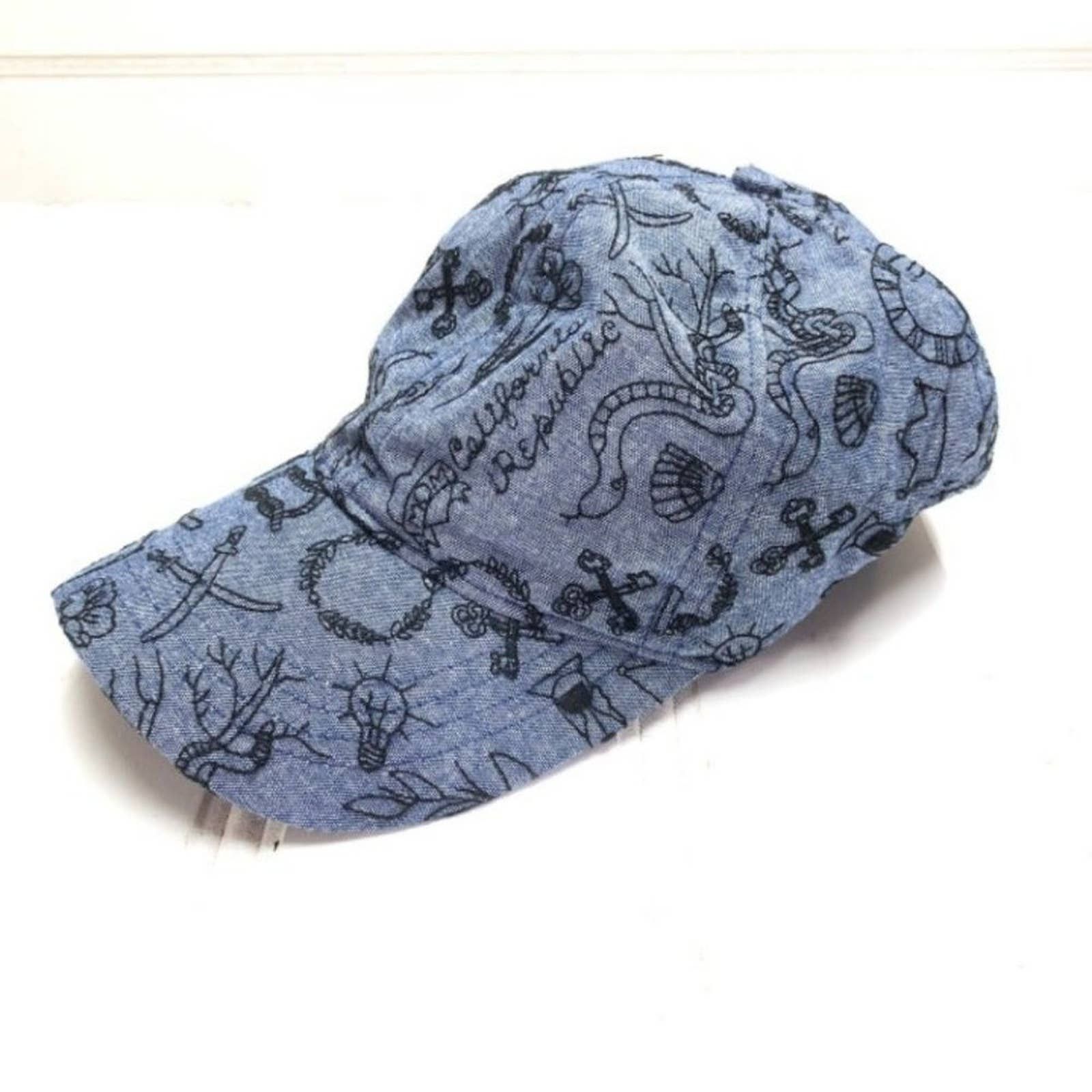 Lucky Brand All Over Embroidered Hat Blue Baseball Dad Cap