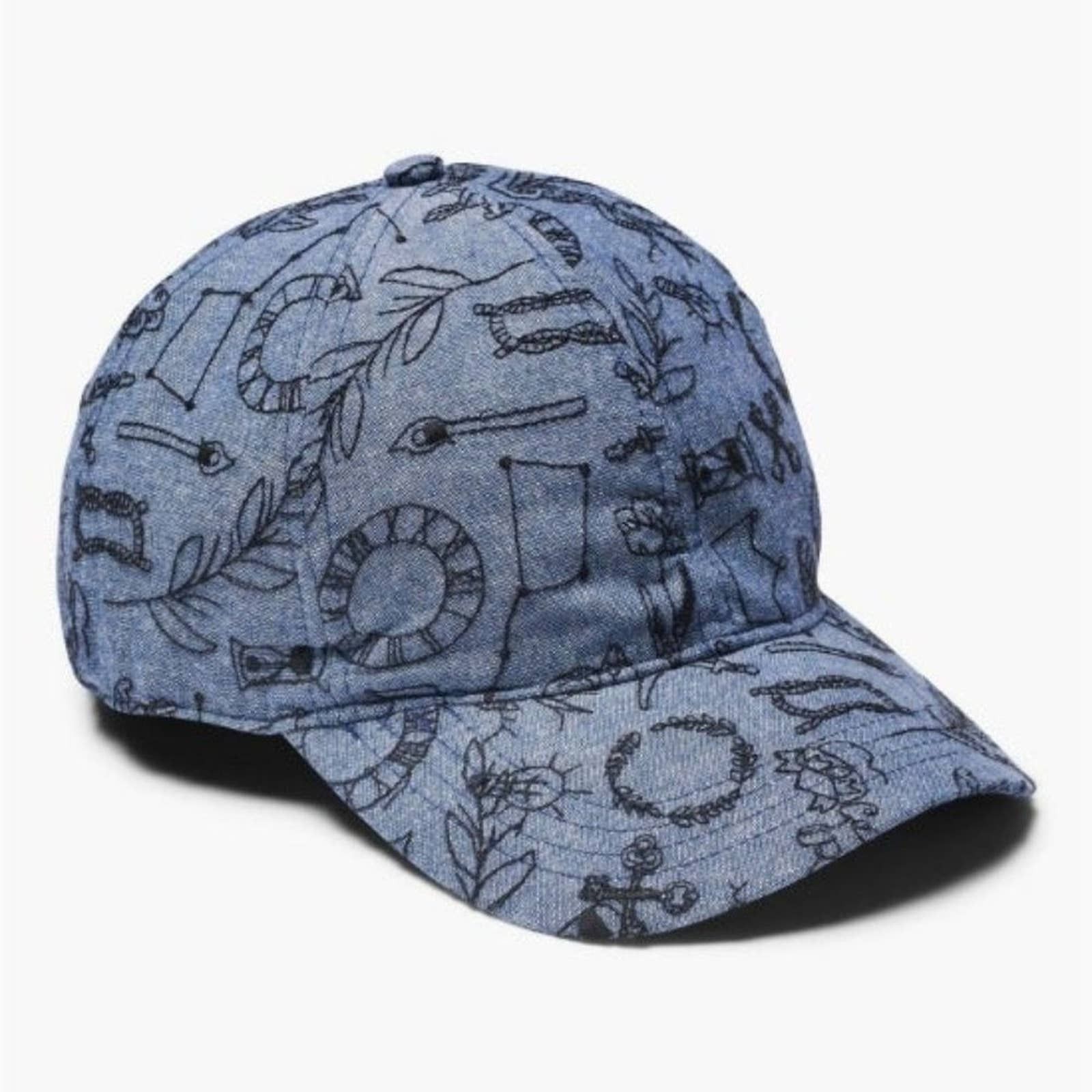 Lucky Brand All Over Embroidered Hat Blue Baseball Dad Cap