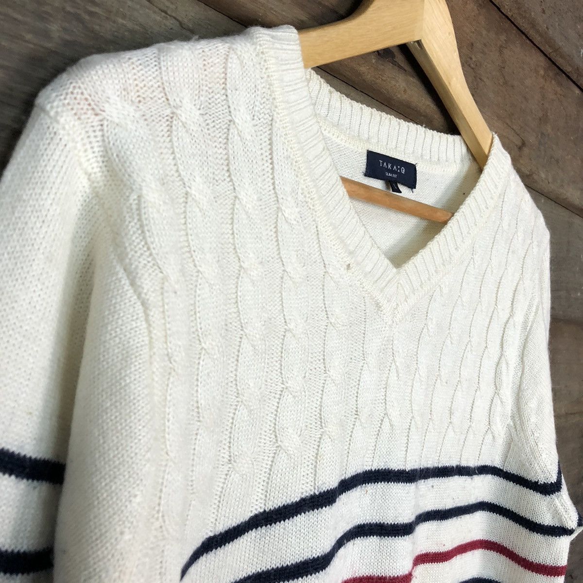 Aran Isles Knitwear × Japanese Brand × OVER THE STRiPES Takaiq White Stripe Knitwear sweatshirt #6813 Size US M / EU 48-50 / 2 - 7 Thumbnail