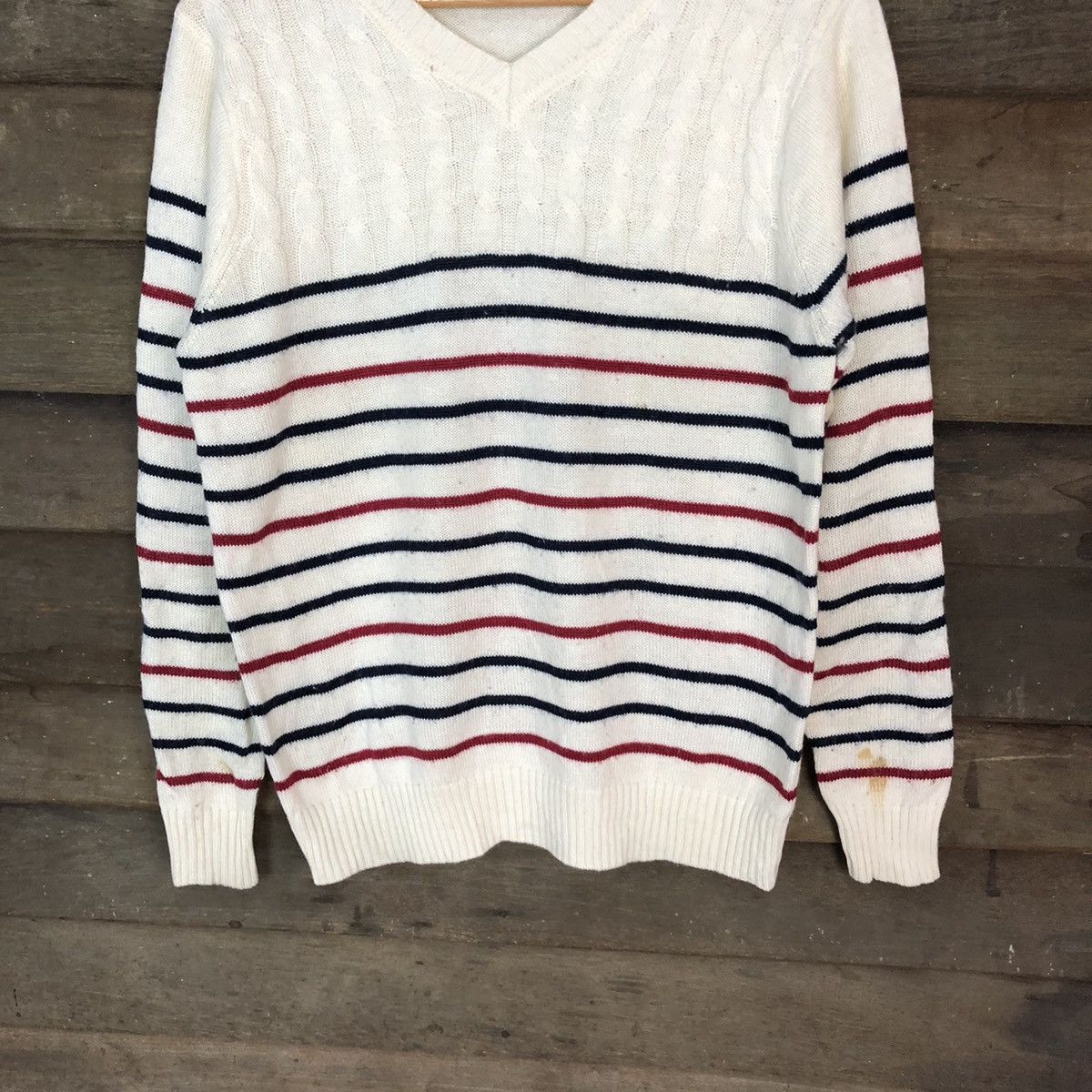 Aran Isles Knitwear × Japanese Brand × OVER THE STRiPES Takaiq White Stripe Knitwear sweatshirt #6813 Size US M / EU 48-50 / 2 - 3 Thumbnail