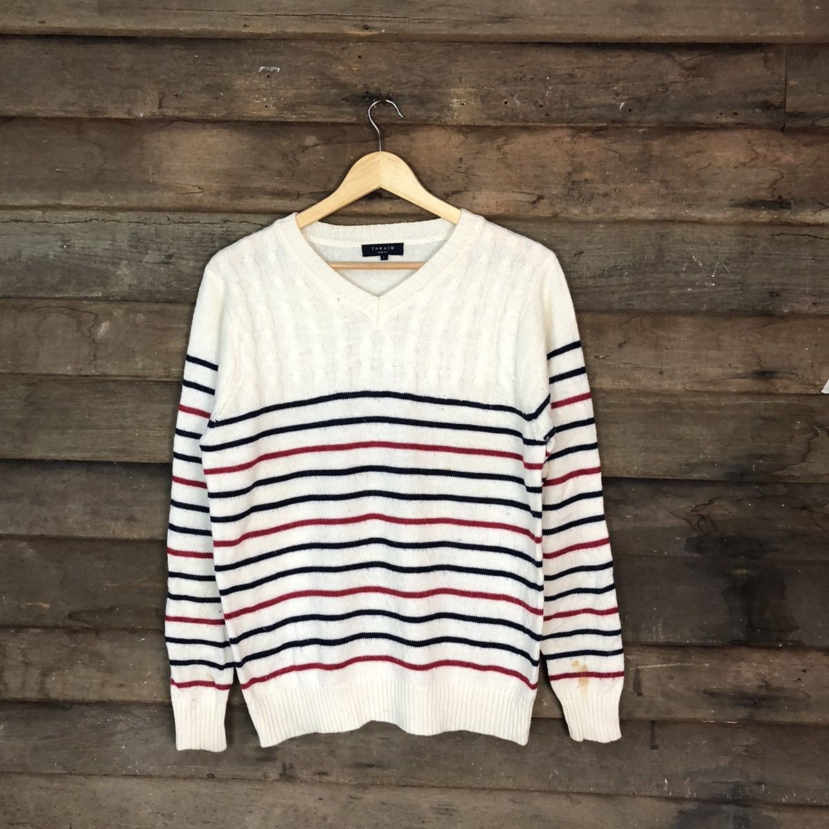 Aran Isles Knitwear × Japanese Brand × OVER THE STRiPES Takaiq White Stripe Knitwear sweatshirt #6813 Size US M / EU 48-50 / 2 - 1 Thumbnail
