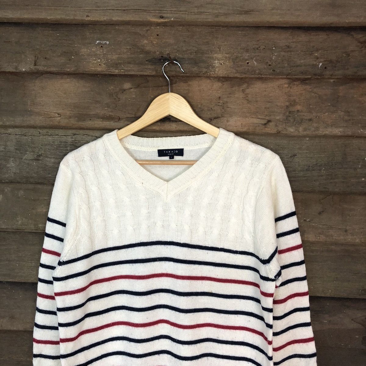 Aran Isles Knitwear × Japanese Brand × OVER THE STRiPES Takaiq White Stripe Knitwear sweatshirt #6813 Size US M / EU 48-50 / 2 - 2 Thumbnail