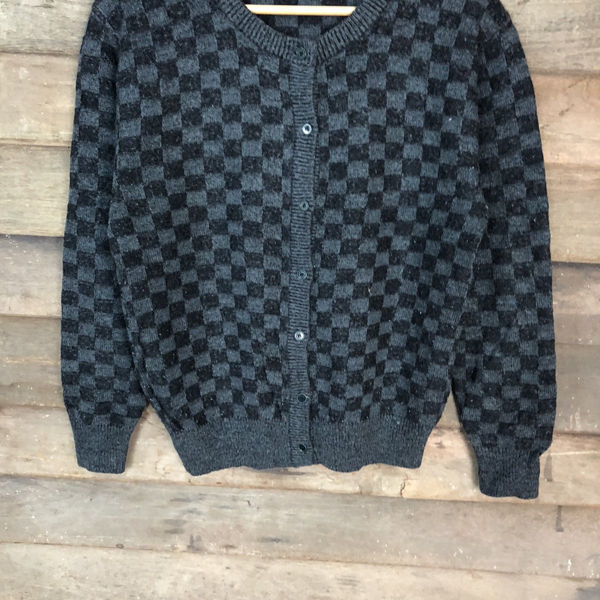 Aran Isles Knitwear × Japanese Brand Iki japan checkered cardigan Black Knitwear #6816 Size M / US 6-8 / IT 42-44 - 3 Thumbnail
