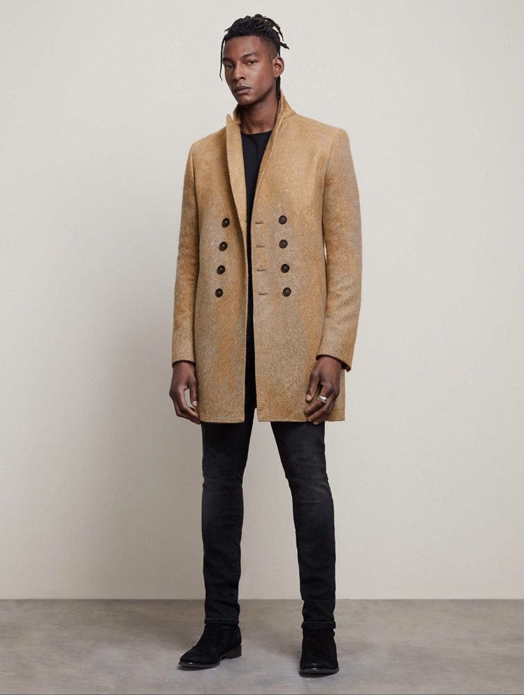 image of John Varvatos Double Breasted Coat With Pick Stitch Coat. 48 in Brown, Men's (Size Medium)