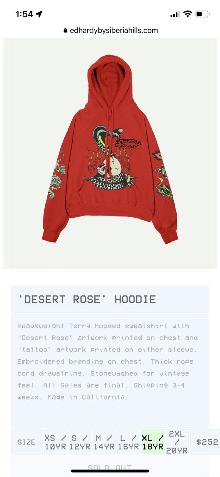 image of Ed Hardy x Siberia Hills Desert Rose Hoodie in Red, Men's (Size XL)
