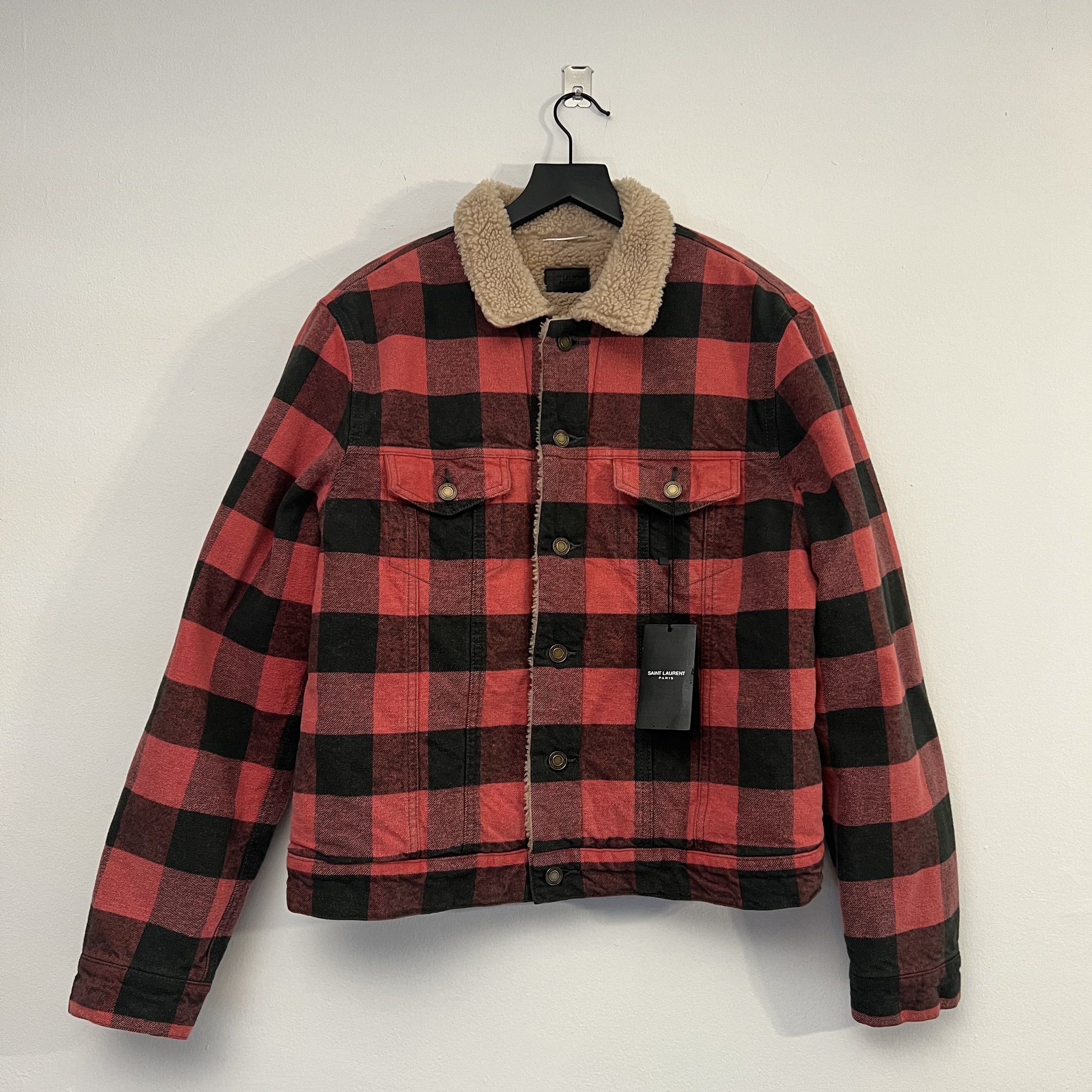 Saint Laurent Paris Black & Red Sherpa / Shearling Check Denim Jacket ...