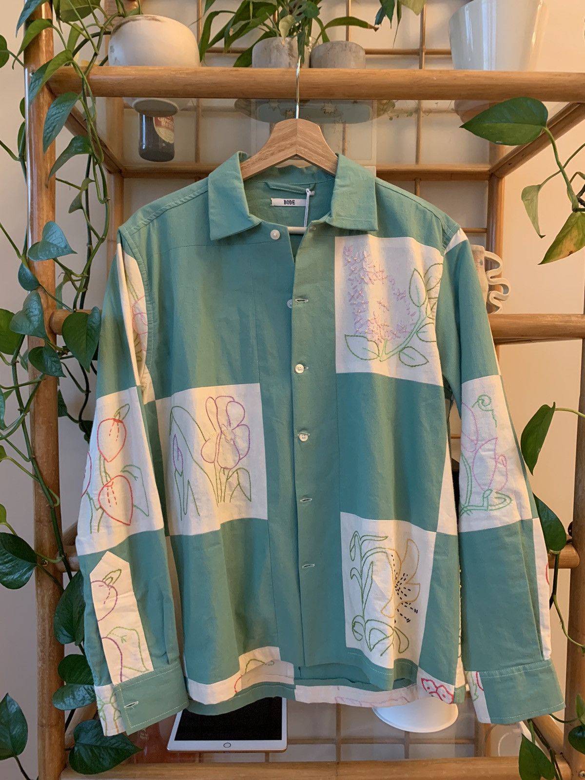 image of Bode - Botanical Patchwork Cotton Shirt (S/m) in Green, Men's (Size Small)