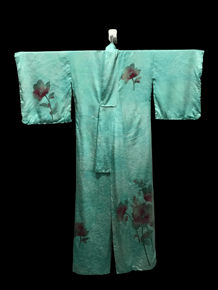 Vintage 70s Silk Yukata Kimono Flower Motif Japanese Brand