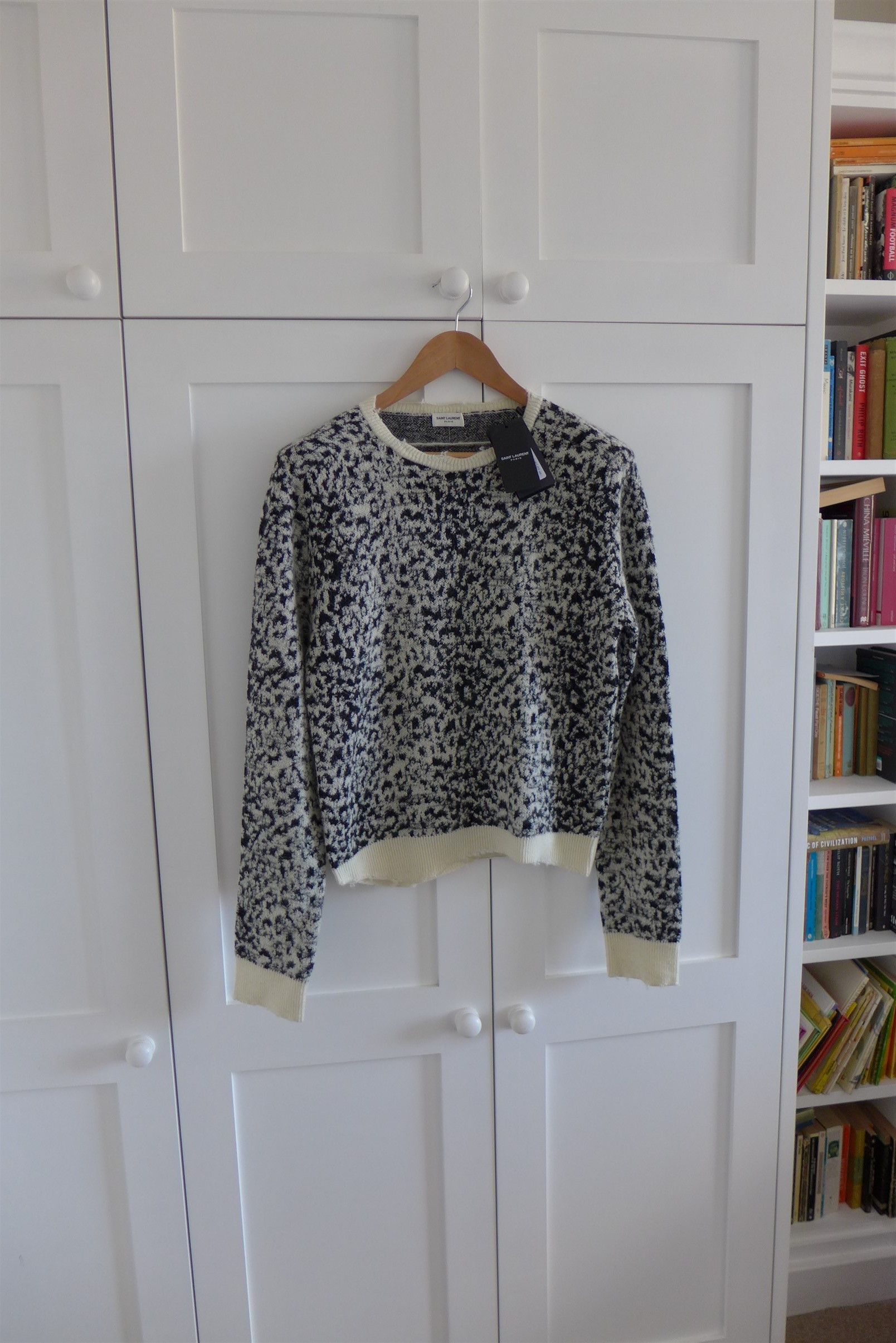 image of Saint Laurent Paris Saint Laurent Leopard Print Distressed Mohair Sweater in White Black (Size Smal