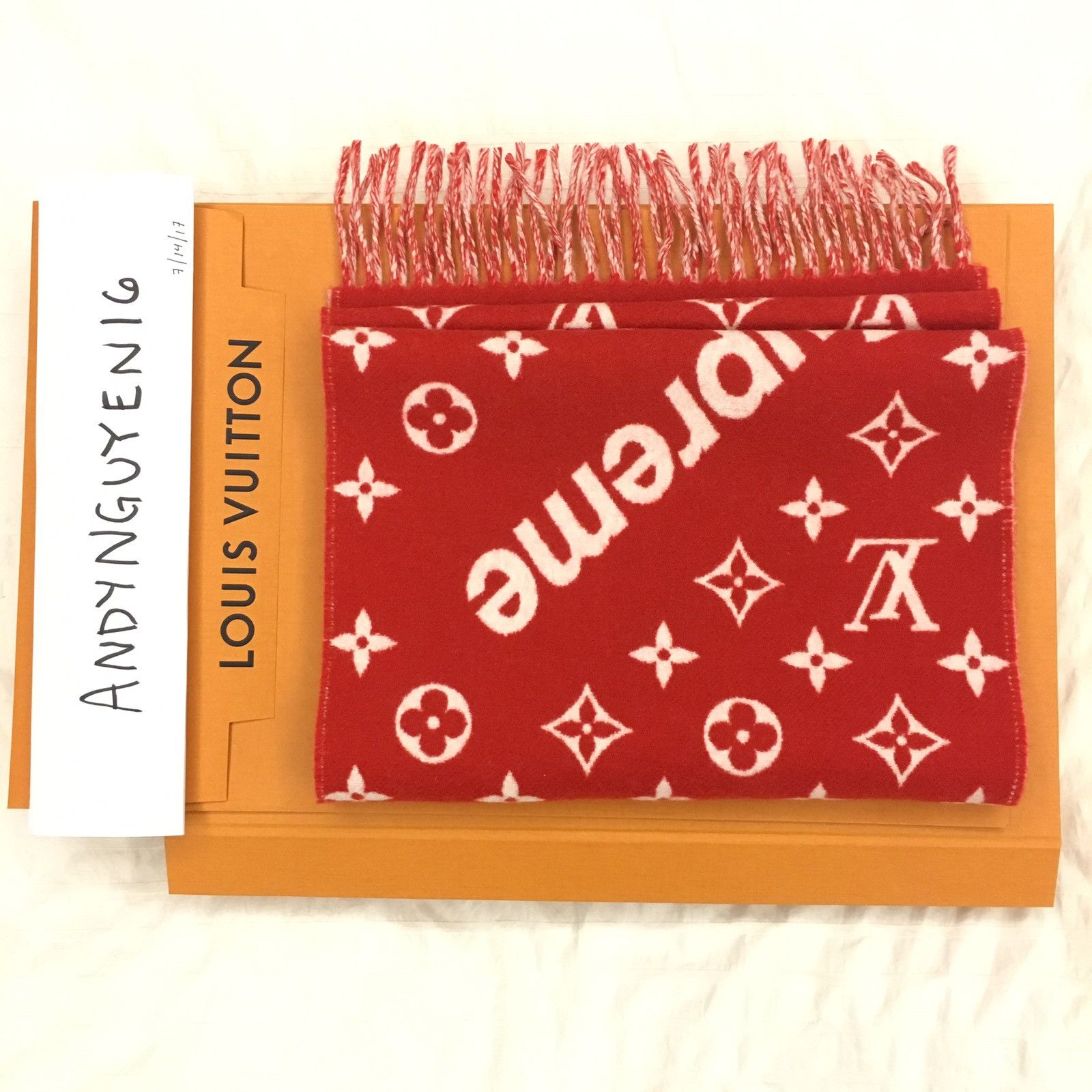 LOUIS VUITTON X SUPREME Cashmere Wool Monogram Scarf Red 194208