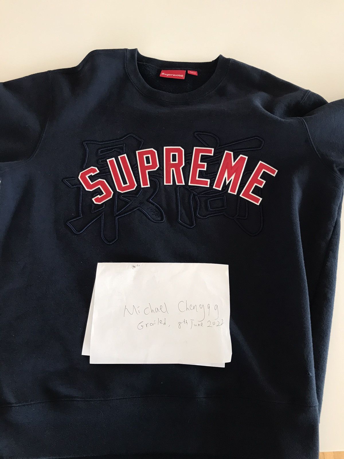 Supreme Supreme Kanji Logo Crewneck Navy | Grailed