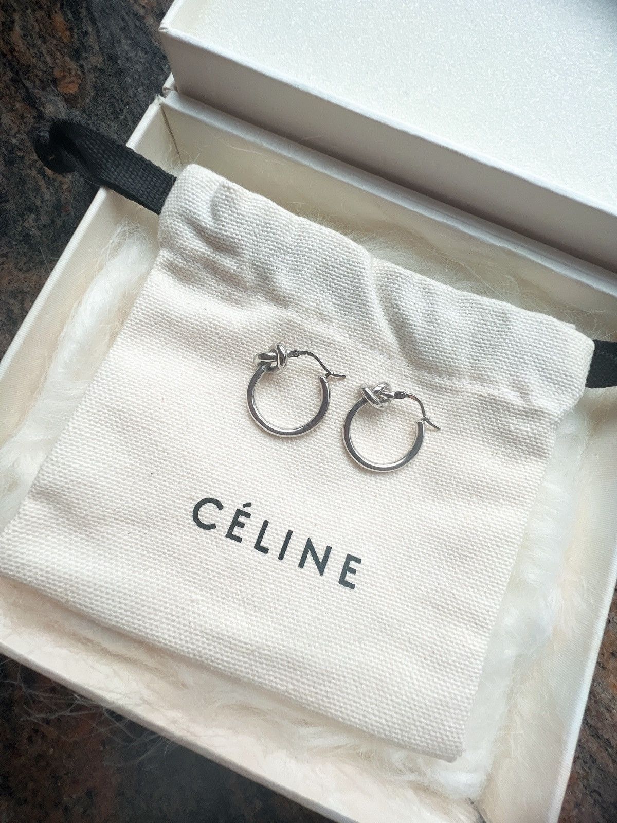 image of Old Celine By Phoebe Philo Silver Small Hoop Knot Earrings, Men's
