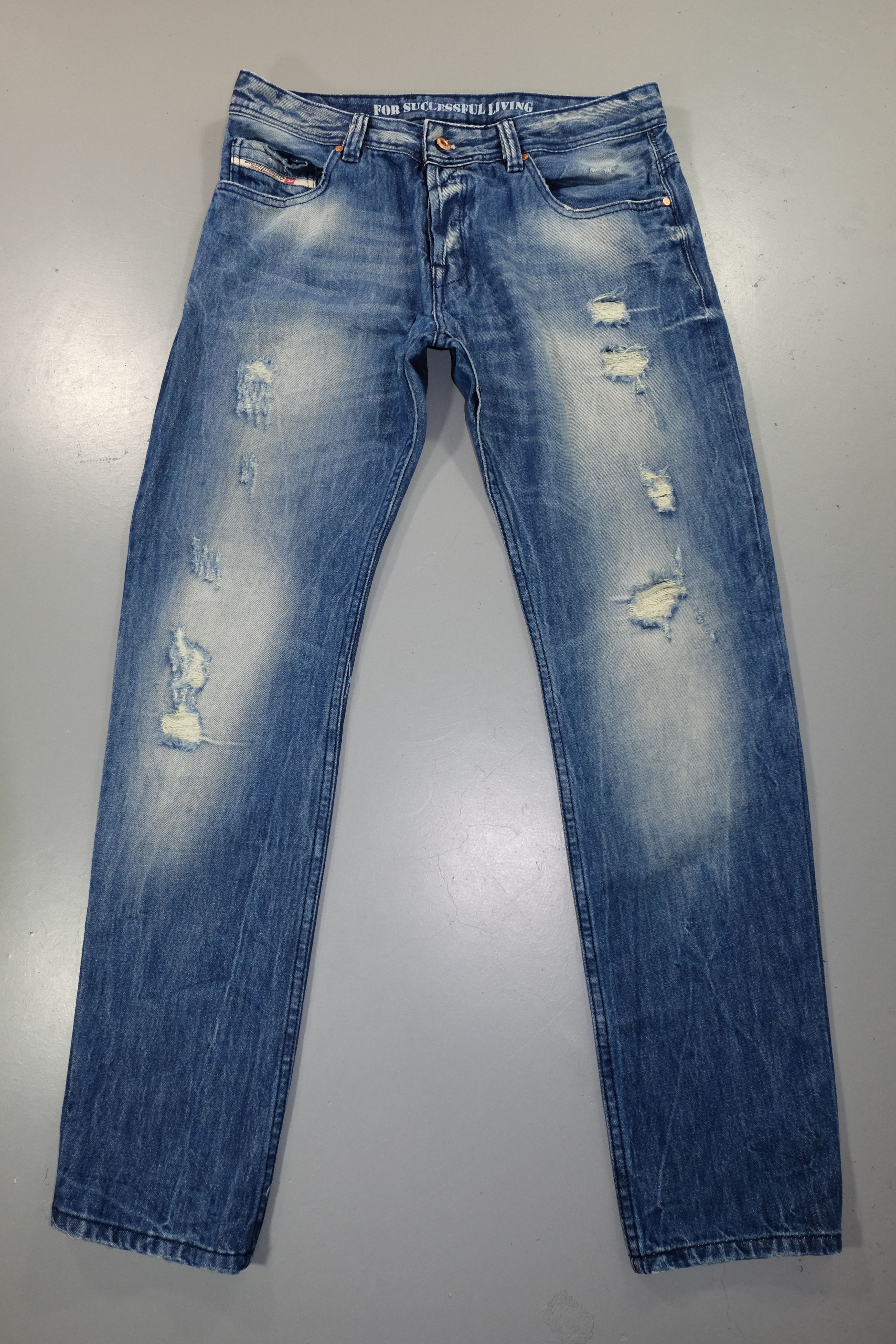 Distressed Ripped Slim Taper Blue Denim Jeans Size 36