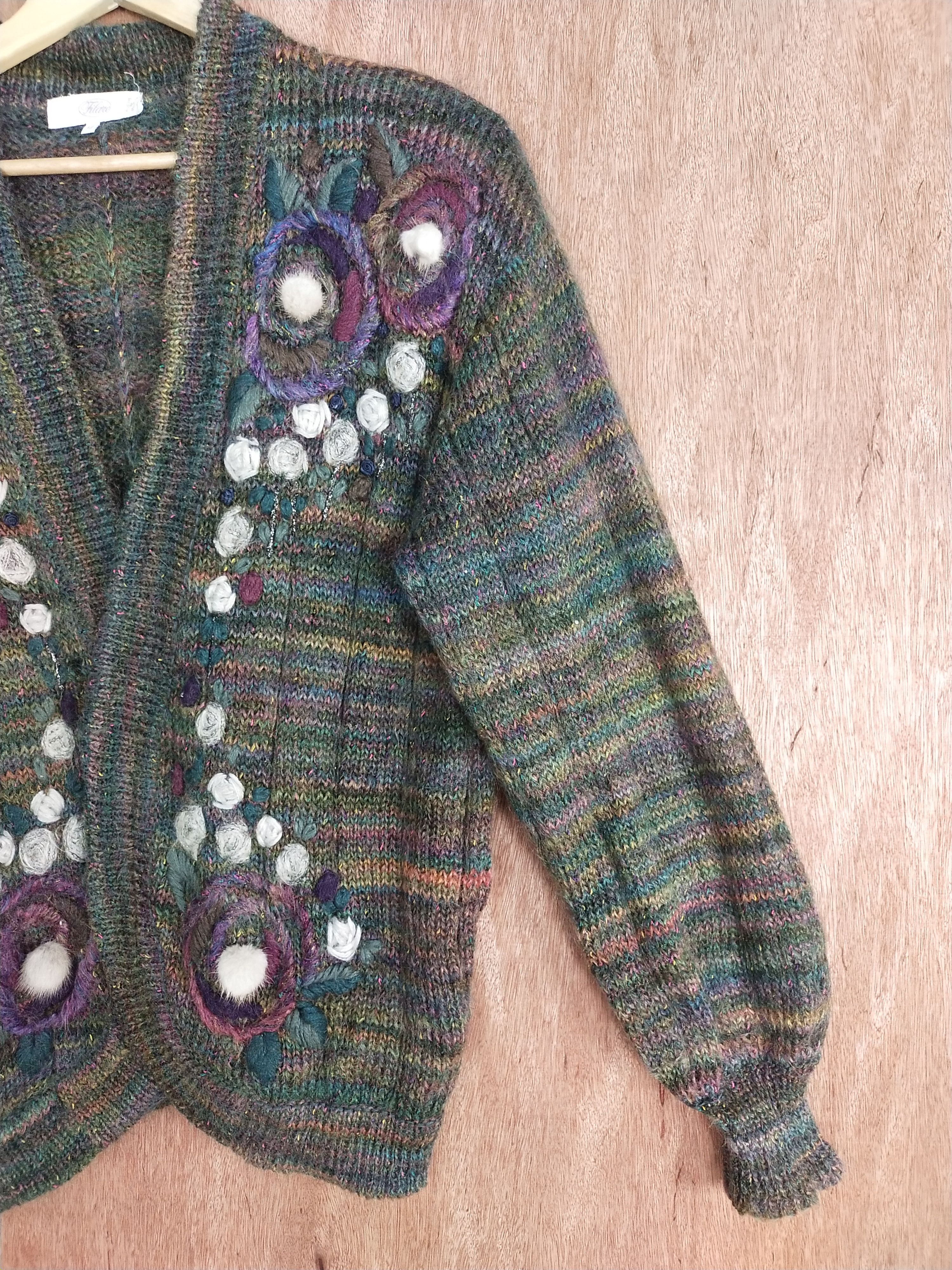 Homespun Knitwear Filare dark green/colourful art cardigan knitwear #H281 Size US M / EU 48-50 / 2 - 6 Thumbnail