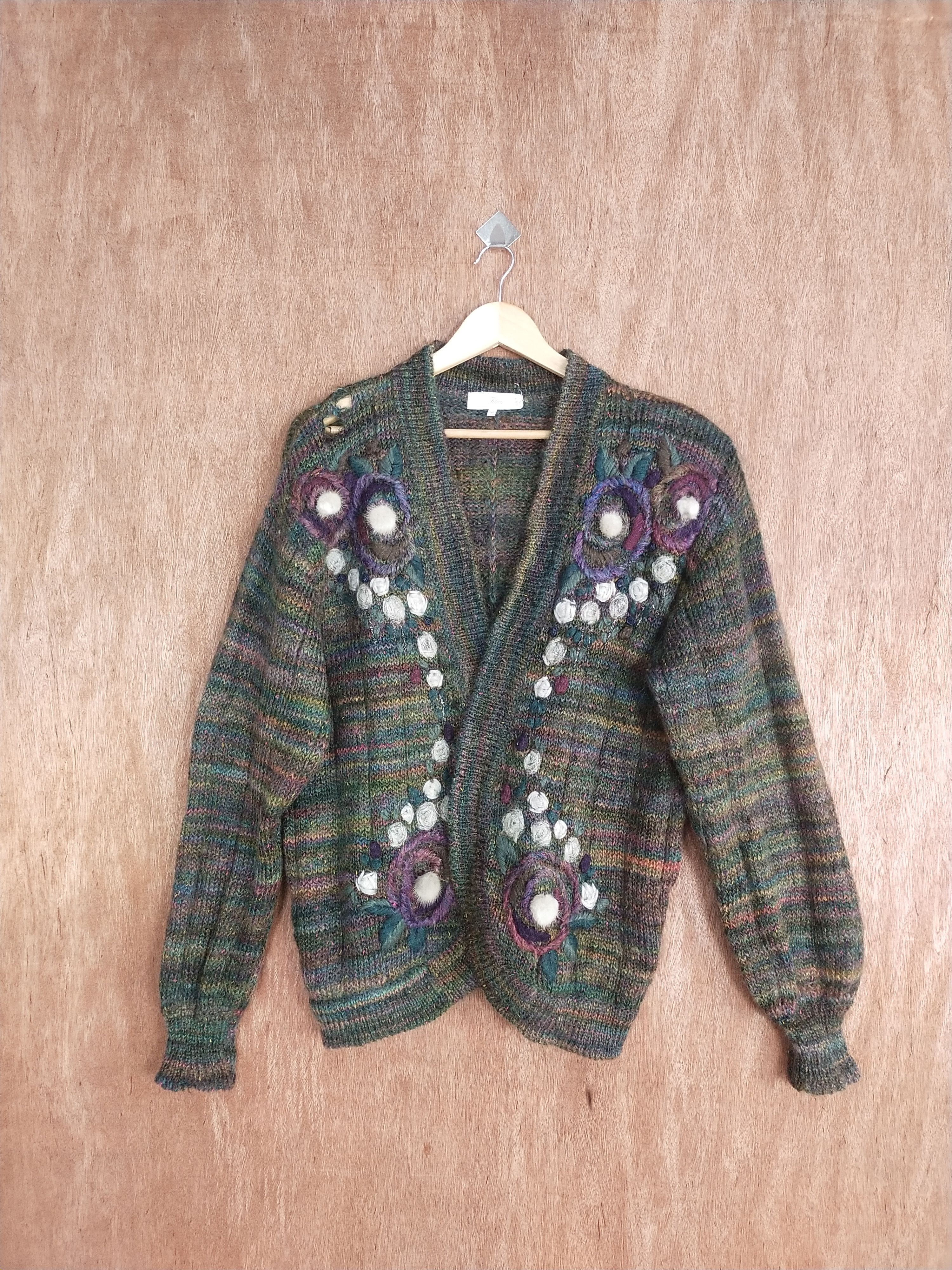 Homespun Knitwear Filare dark green/colourful art cardigan knitwear #H281 Size US M / EU 48-50 / 2 - 1 Thumbnail