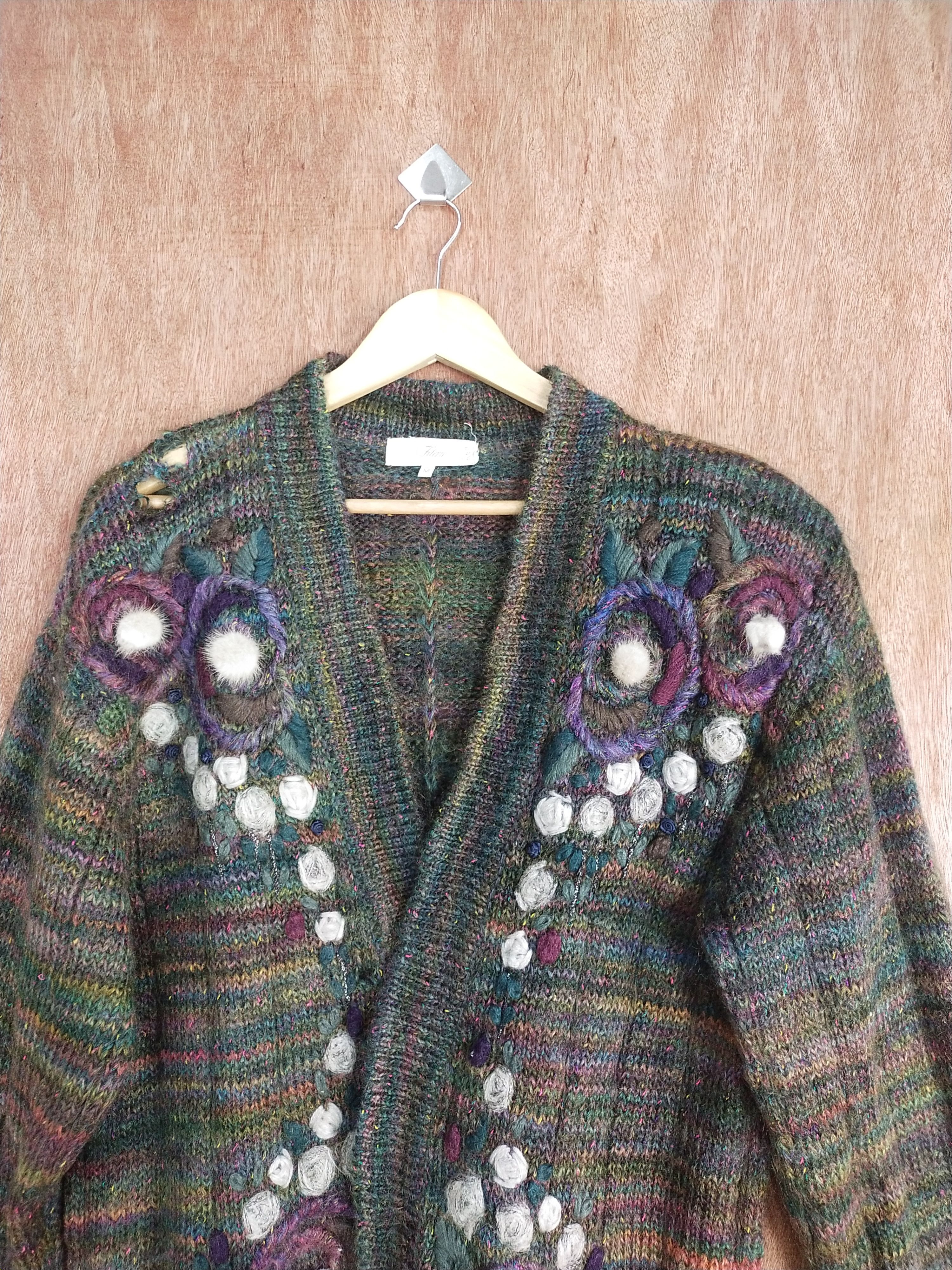 Homespun Knitwear Filare dark green/colourful art cardigan knitwear #H281 Size US M / EU 48-50 / 2 - 2 Thumbnail
