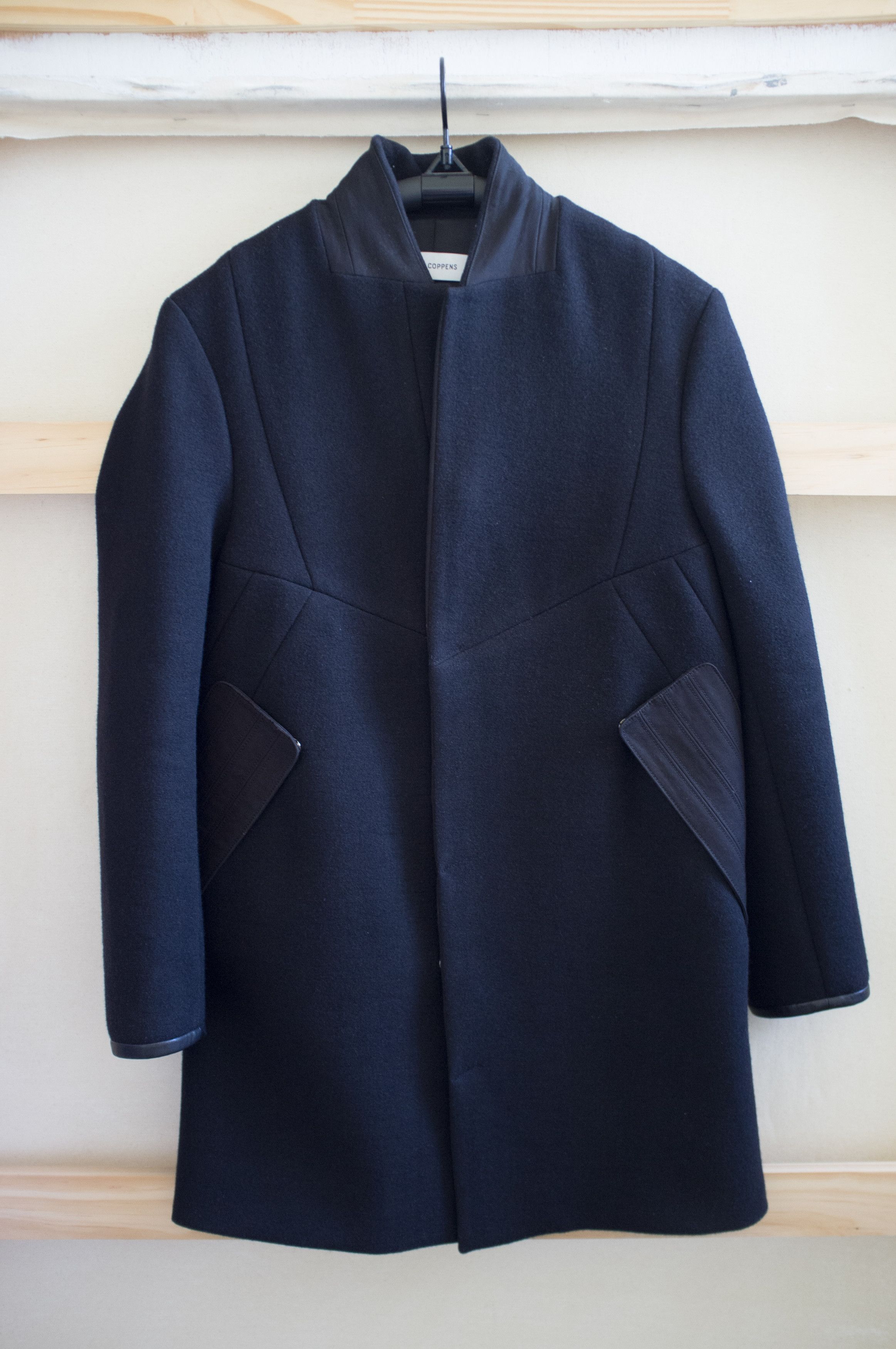 Tim Coppens black paneled wool coat with leather trim Size US L / EU 52-54 / 3 - 1 Thumbnail