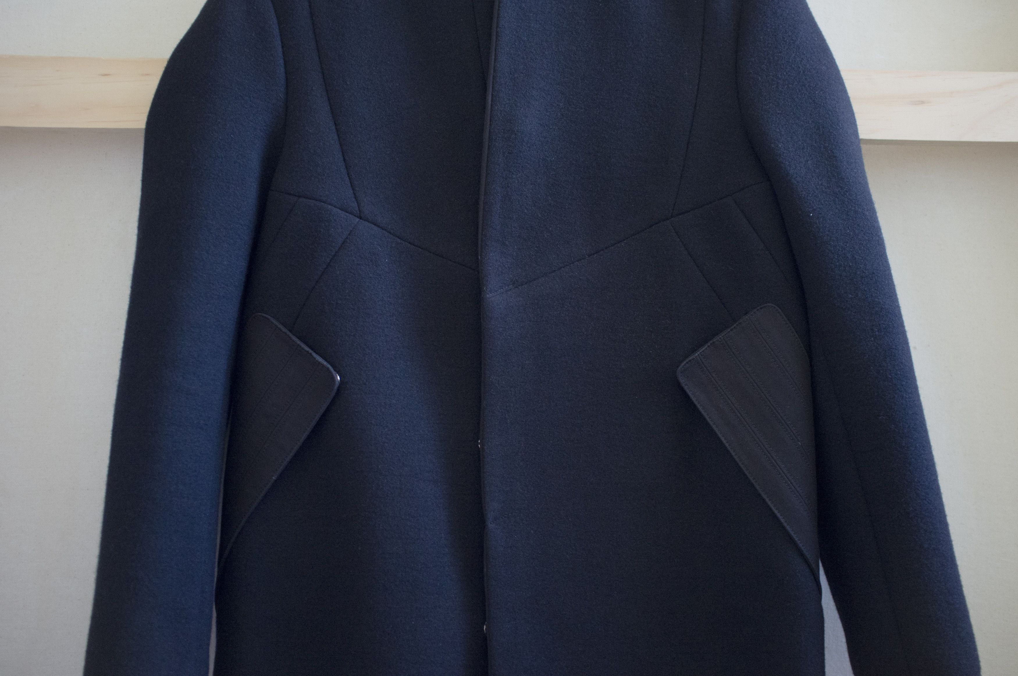 Tim Coppens black paneled wool coat with leather trim Size US L / EU 52-54 / 3 - 4 Thumbnail