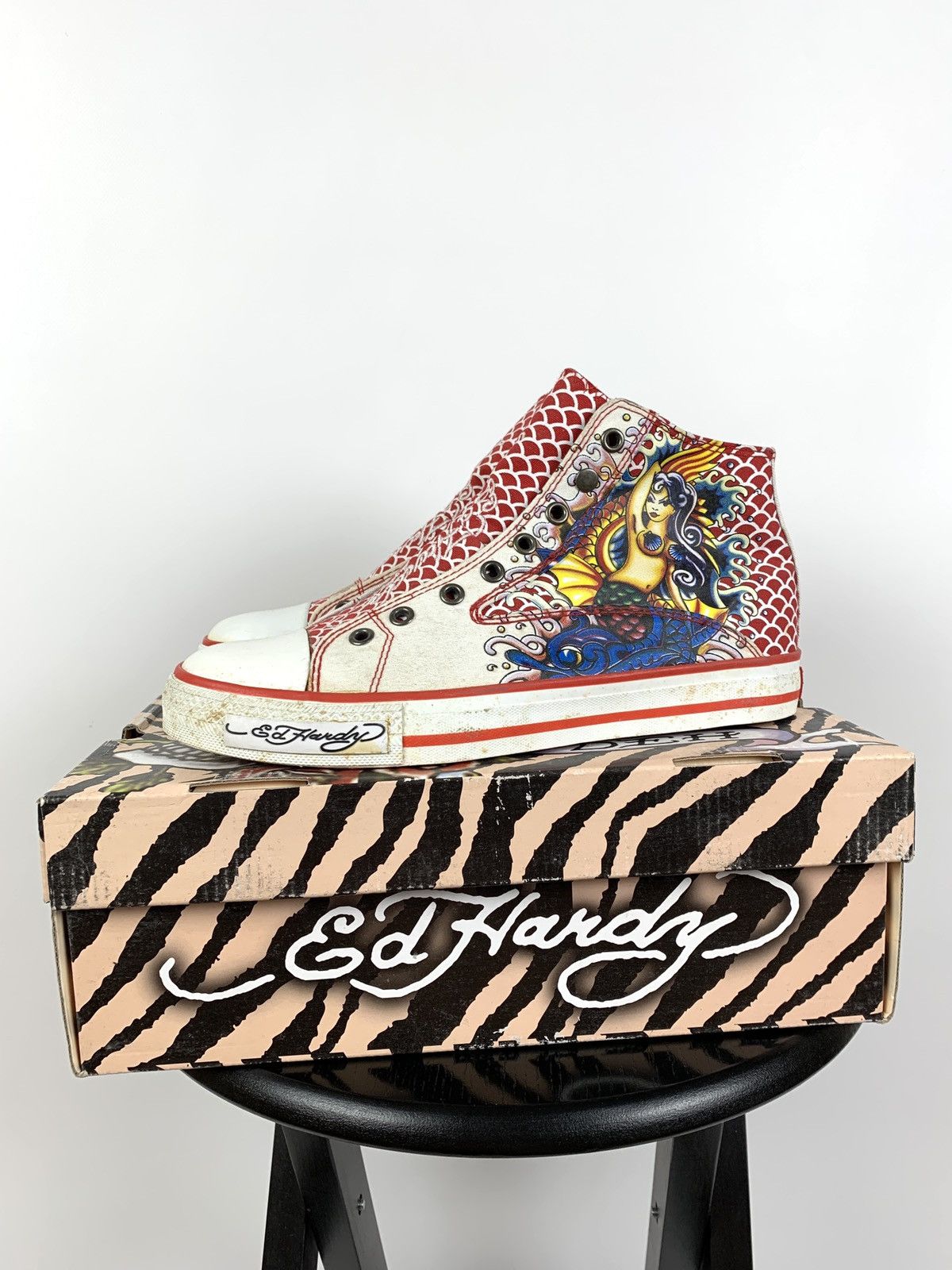 Christian Audigier NEW! Vintage Ed Hardy Hi Top Sneakers Rare Fish Mermaid Size US 6.5 / EU 39-40 - 1 Thumbnail