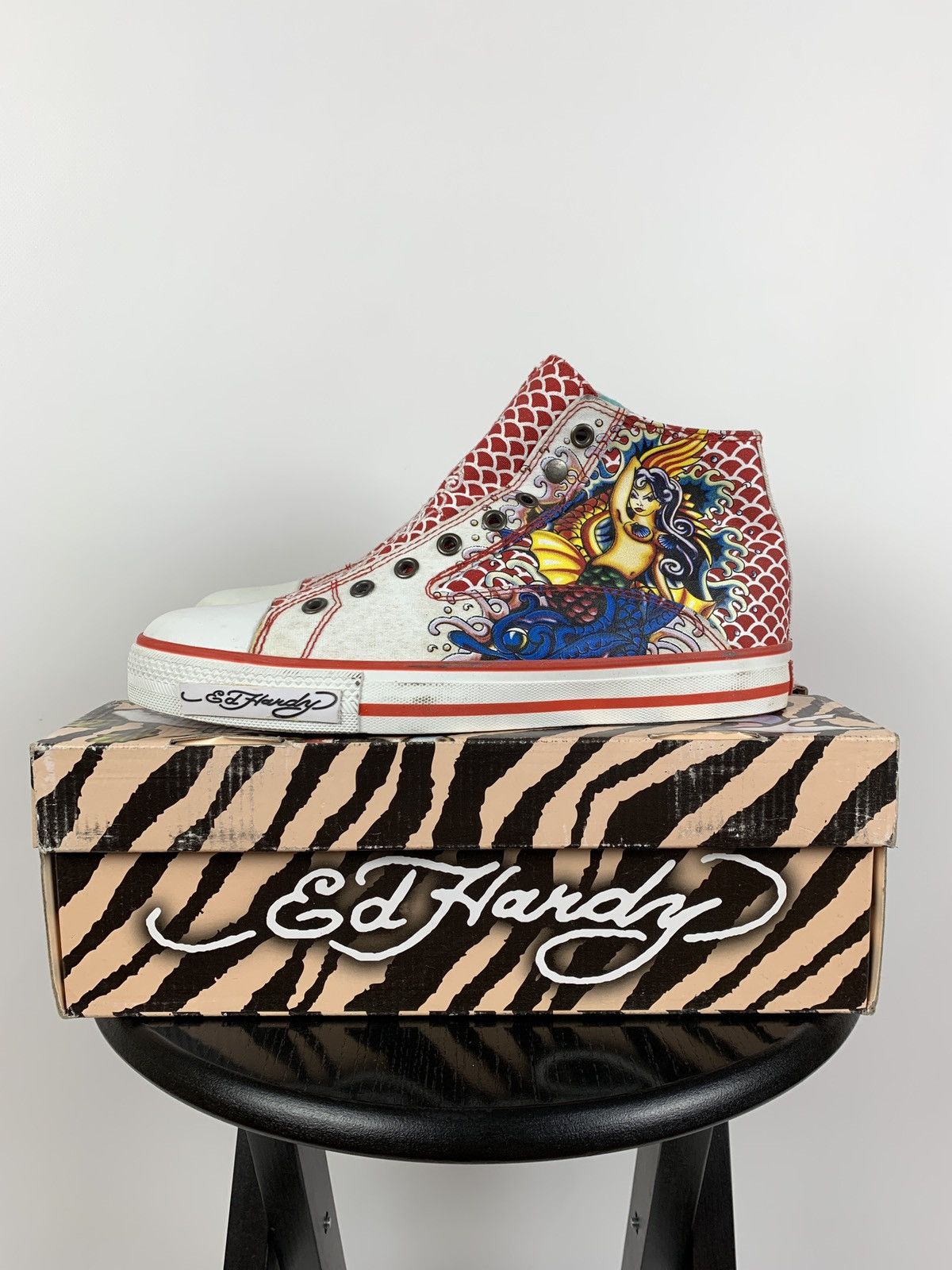 Christian Audigier NEW! Vintage Ed Hardy Hi Top Sneakers Rare Fish Mermaid Y2K Size US 6.5 / EU 39-40 - 1 Thumbnail