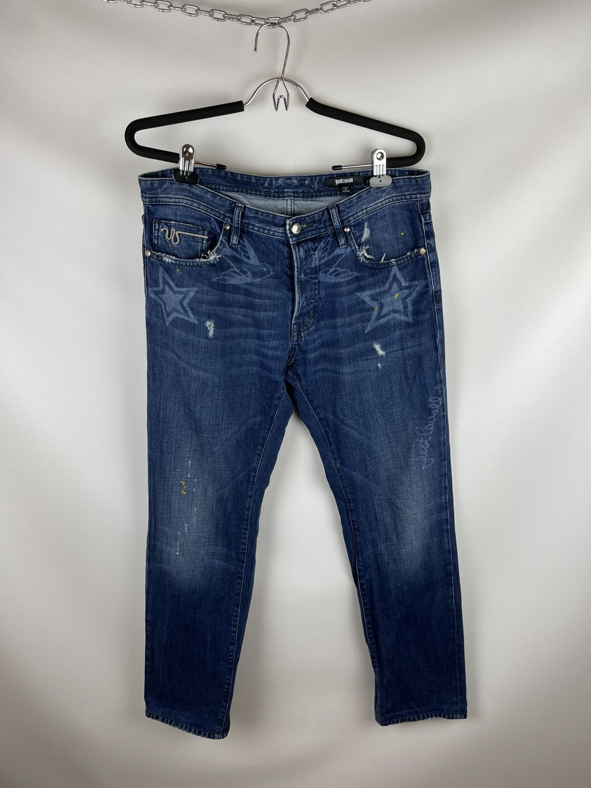 image of Birds Stars Print Blue Faded Distressed Denim, Men's (Size 32)