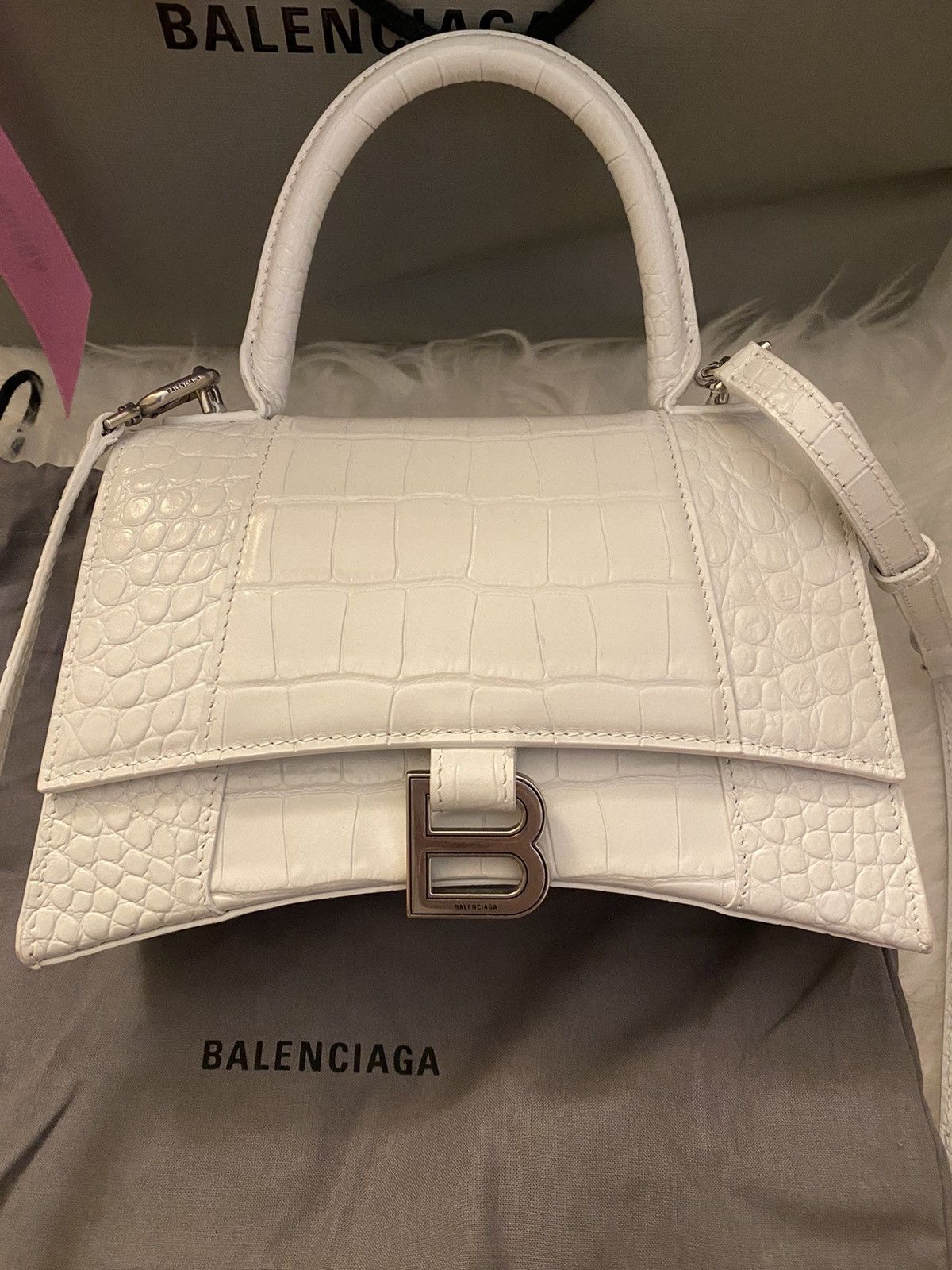 Balenciaga White Croc Hourglass Small Leather Top Handle Bag