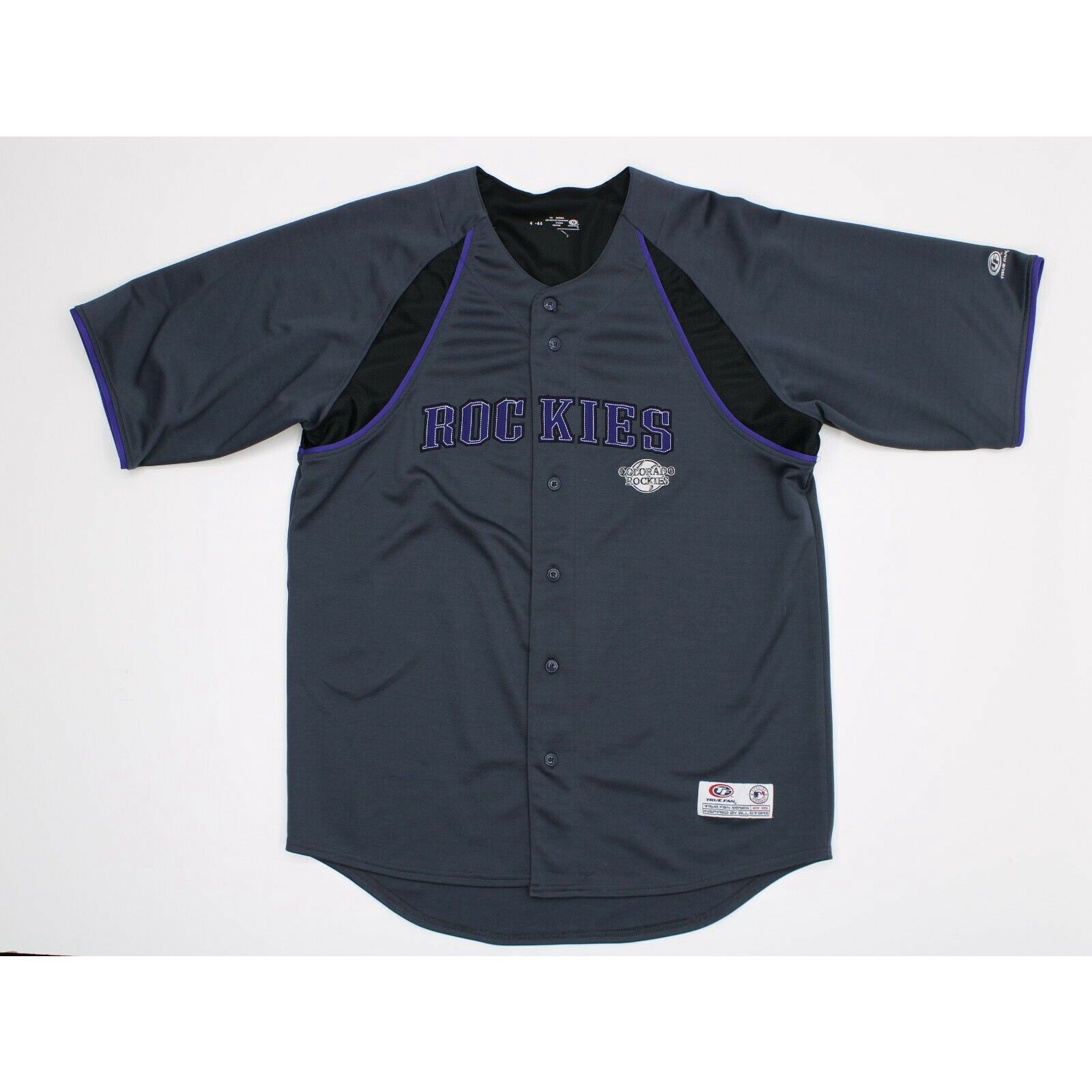 Men's MLB True Fan Colorado Rockies Gray Purple Script Button Up Jersey Sz  Large