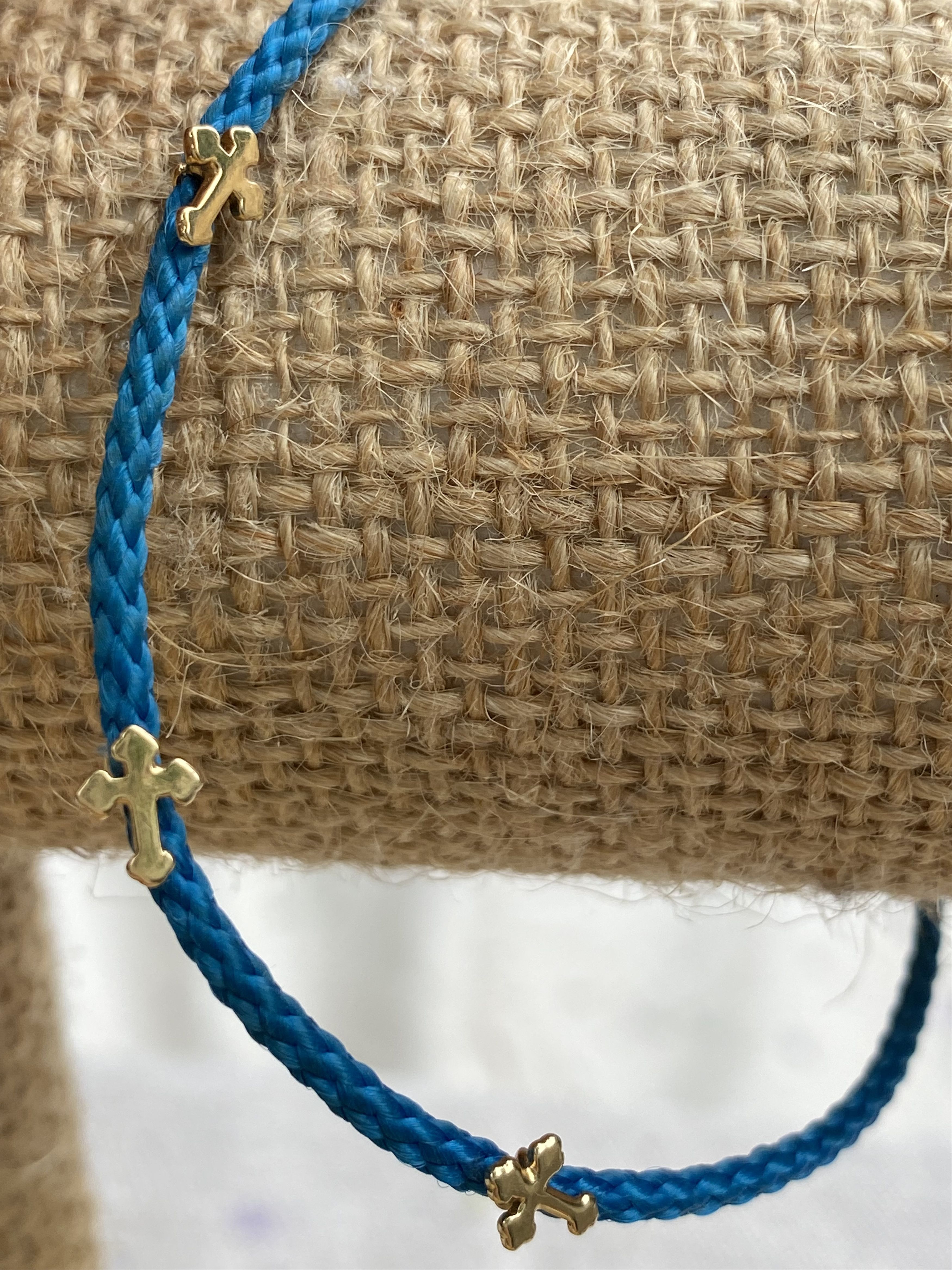image of Luis Morais 14K Gold & Cord Bracelet - Teal Blue With 3 Cross Charms, Men's
