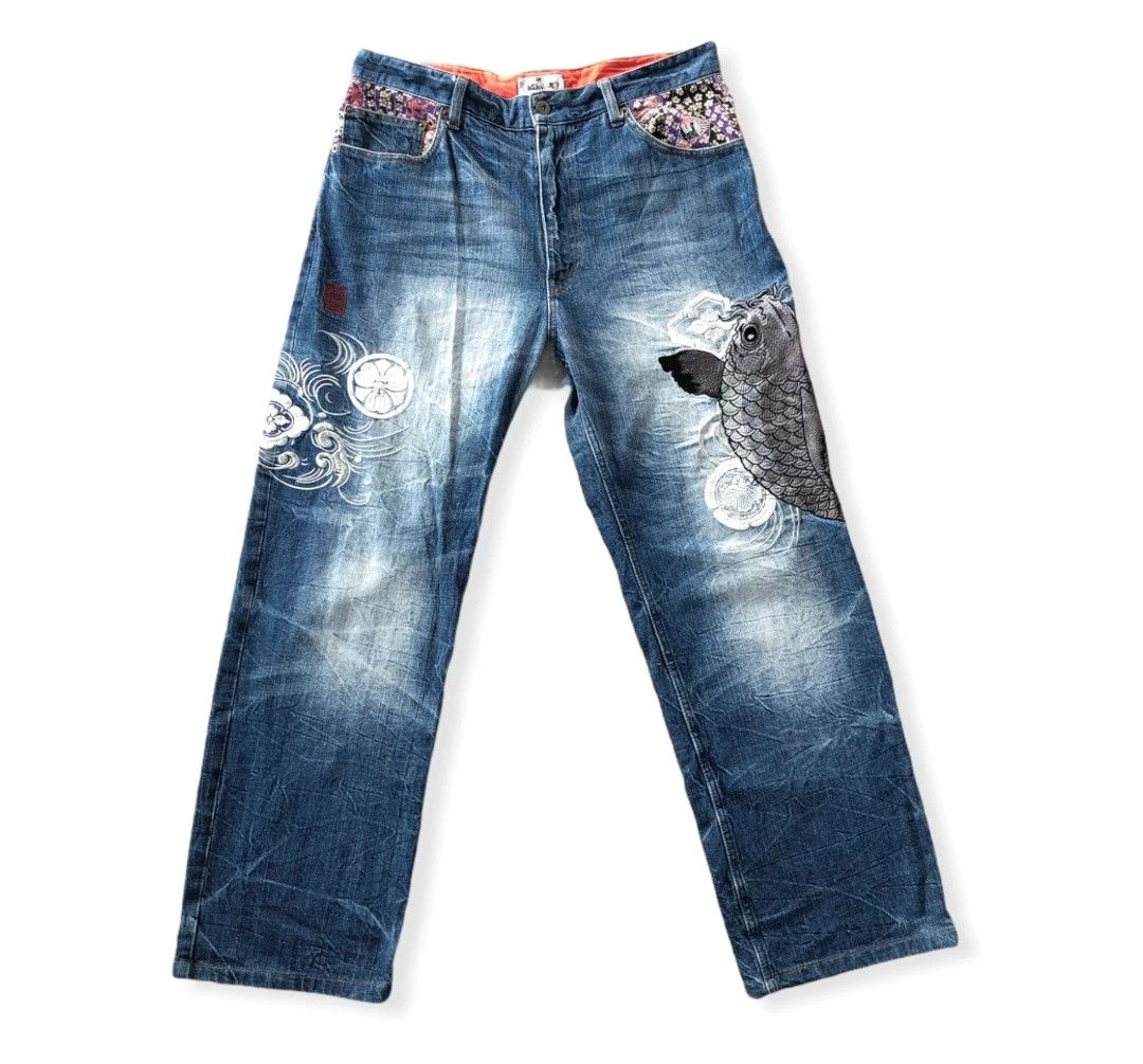 Karakuri Tamashii RARE🔥VINTAGE KARAKURI TAMASHII KOI FISH EMBROIDERIES DENIM Size US 34 / EU 50 - 1 Thumbnail
