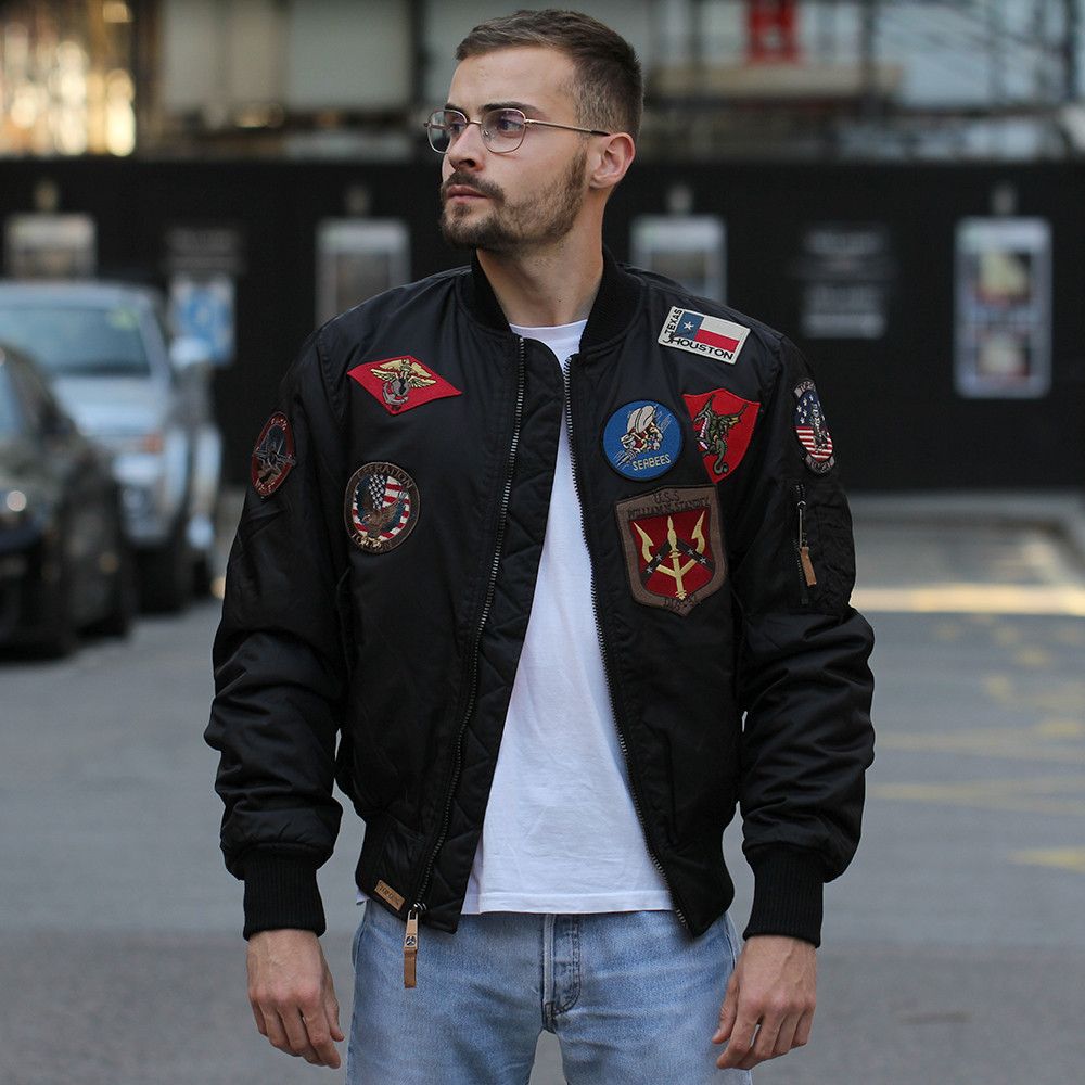Top Gun MA Nylon Bomber Jacket with Patches Black