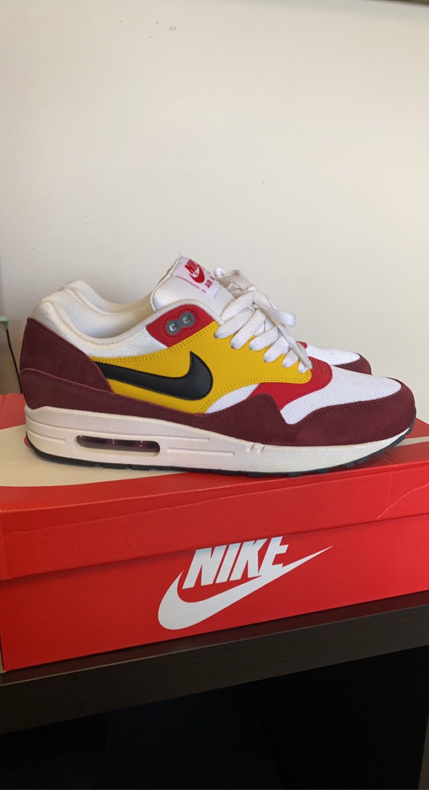 image of Nike Air Max1 Essential White,university Reddark Team Red | Black Shoes in Maroon, Men's (Size 9)